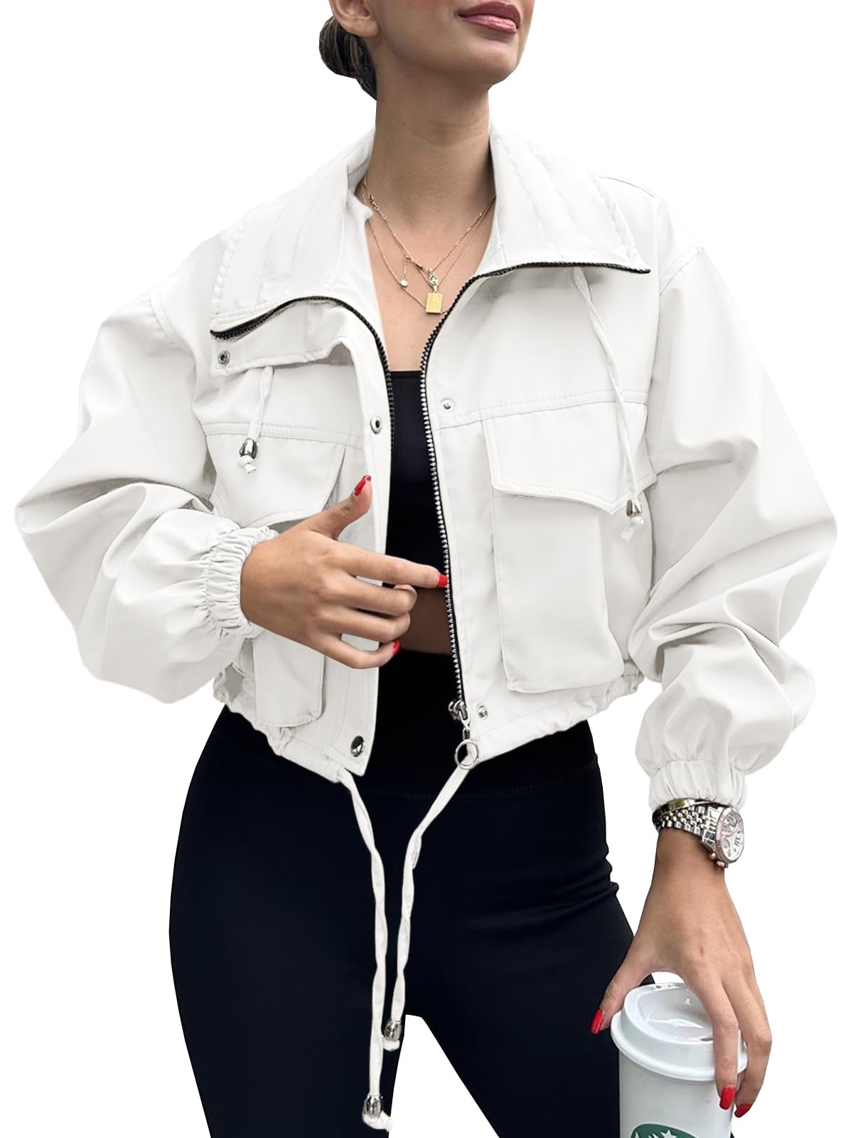 Tankaneo Womens Cropped Jacket Zip Up Lightweight Oversized Utility Anorak Coat with Pockets