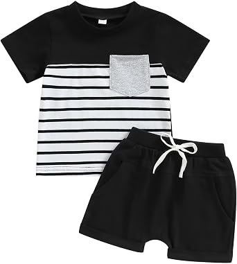 Toddler Baby Boy Clothes Short Sleeve Round Neck Striped Tops + Drawstring Shorts Summer Outfits