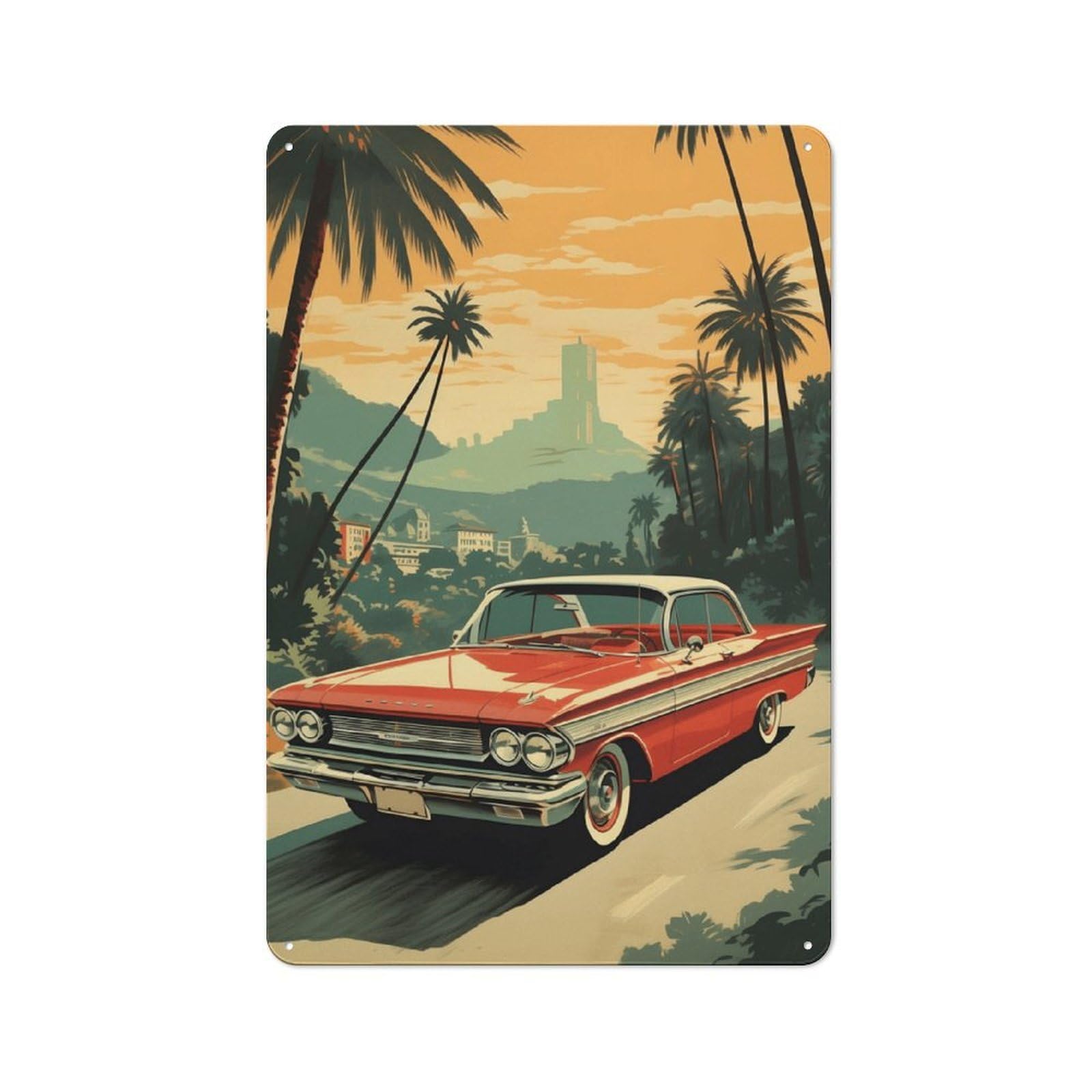 Junmoney Style-6 Vintage Car Sunset Scene-1 Retro Metal Wall Sign 30X20cm For Studio Or Craft Room, For Metal Sign Collectors, For Garage And Workshop Walls