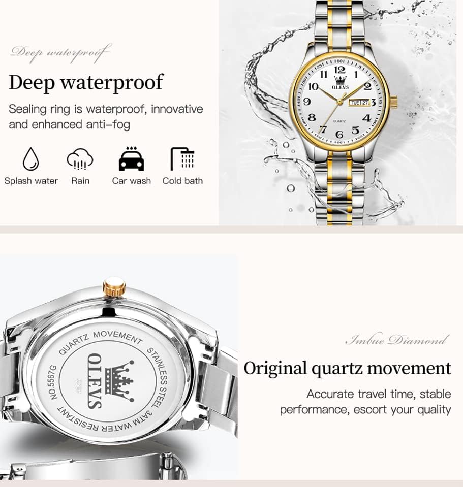 Miniatura 5 de OLEVS Reloj de mujer con diamantes de oro, clásico, elegante, de acero inoxidable, impermeable, fecha de día