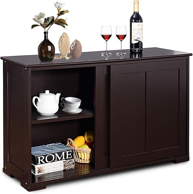 CASART Kitchen Storage Cabinet, Wooden Cupboard with Sliding Doors & Adjustable Shelves, Floor Organizer Sideboard for Kitchen, Hallway, Living Room (Brown, No Glass)