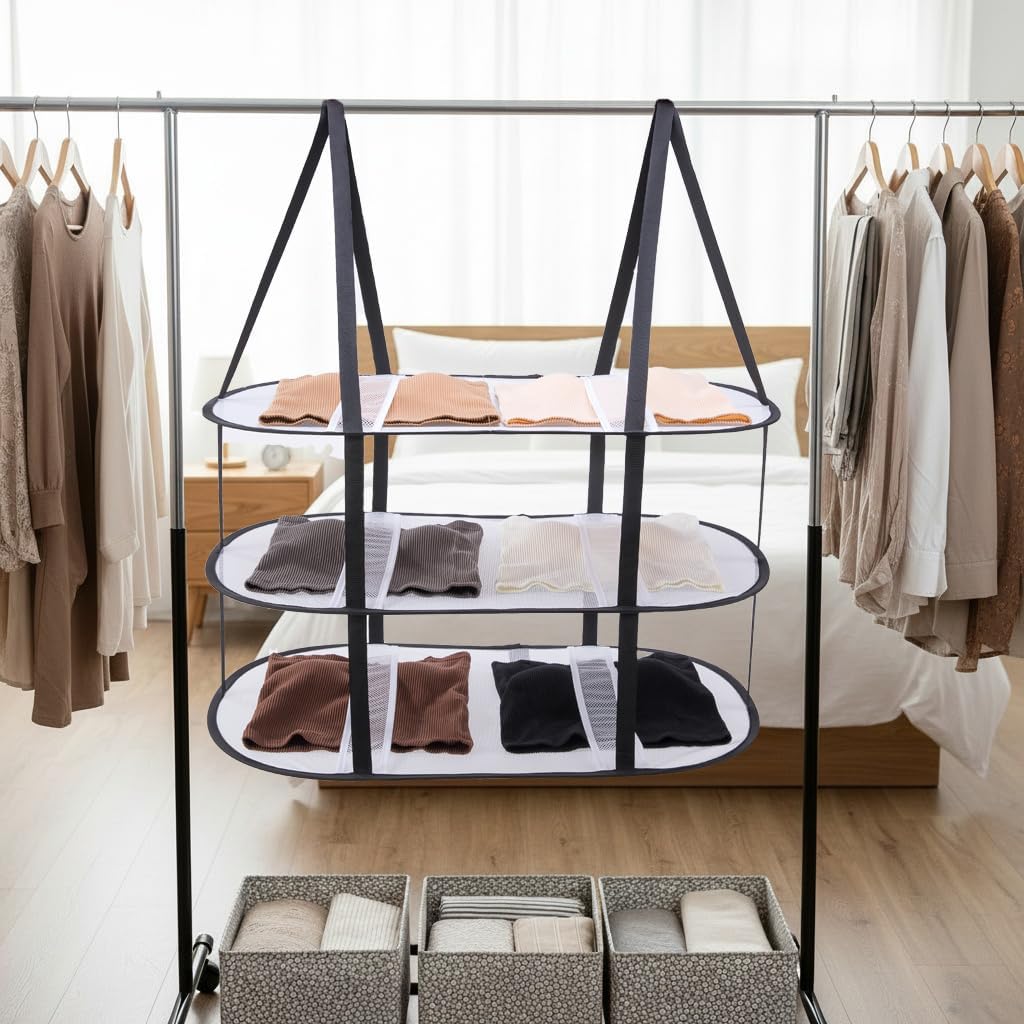 CINPIUK 2 Pcs 3-Tier Upgrade Sweater Drying Rack Over The Door, Foldable Mesh Hanging Dryer Flat with Hooks, Large Breathable Laundry Drying Hanger, Clothes Lay Flat Dryer for Dorms Bathrooms