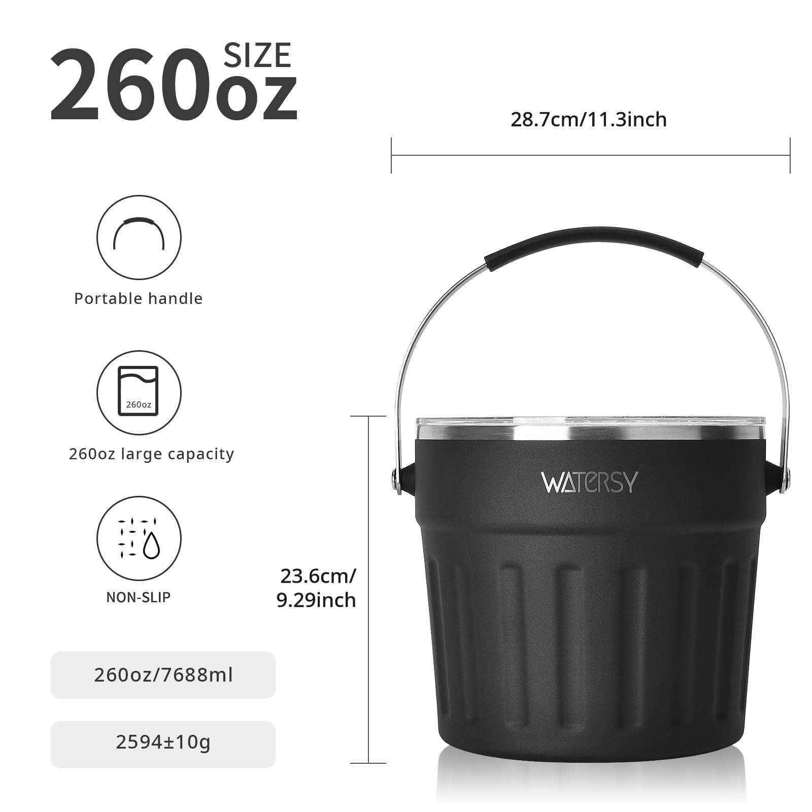 WATERSY 7,6L Eiswürfelbehälter mit Deckel, Edelstahl Eisbehälter mit Portable Tragegriff Eiszange, Schaufel, Doppelwandig Eiskübel Ideal für Partys Bier Cocktailbars, Schwarz