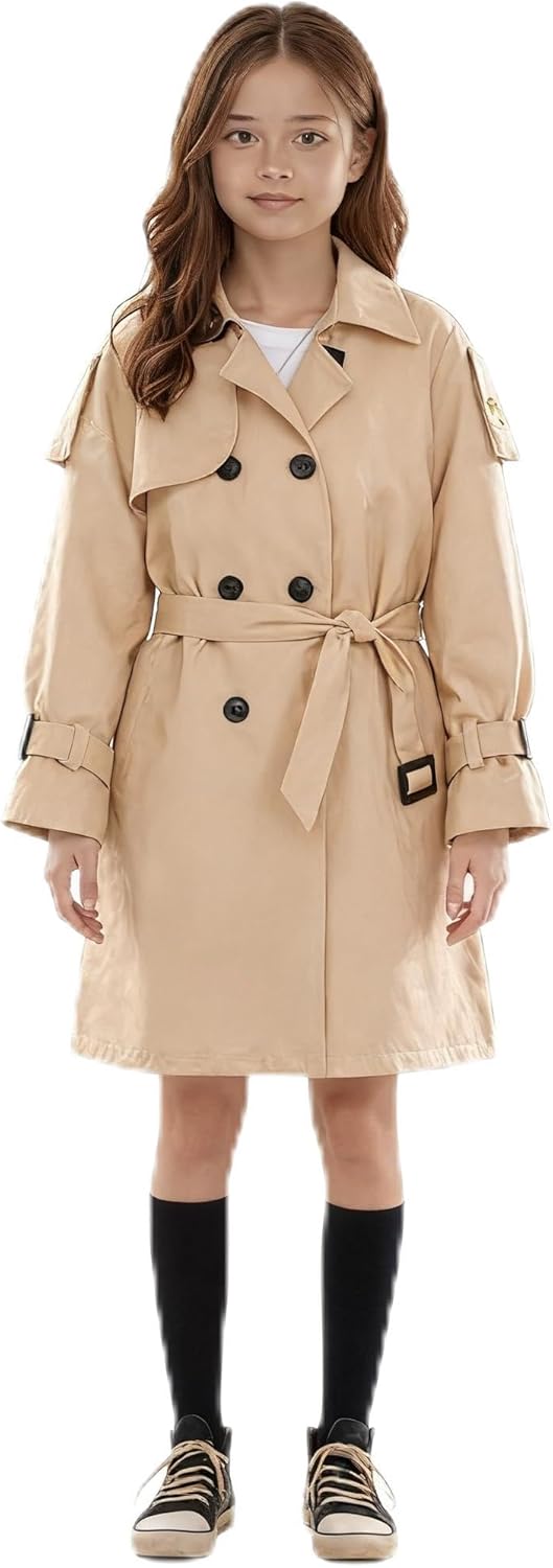 Girls' Khaki Cotton Trench Coat, Mid-Length Windproof Kids Jacket with Adjustable Belt, Sizes 120-170 (Ages 6-14)