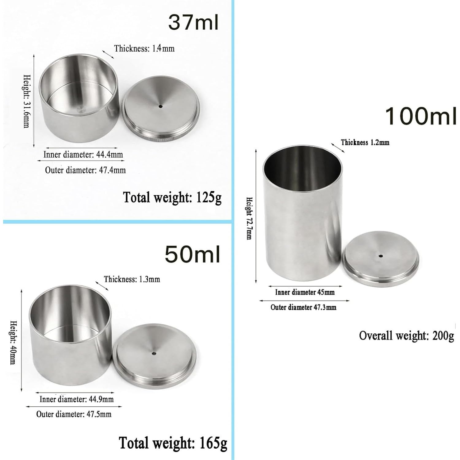 Hochpräziser Edelstahl-Dichtebecher für Flüssigkeitsmessung, 37/50/100 ml, ideal zum Testen des spezifischen Gewichts von Beschichtungen und Farben, 50 ml