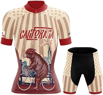 Womens Cycling Jersey and Shorts Set, California States with Red and Beige, Short Sleeve with Pockets