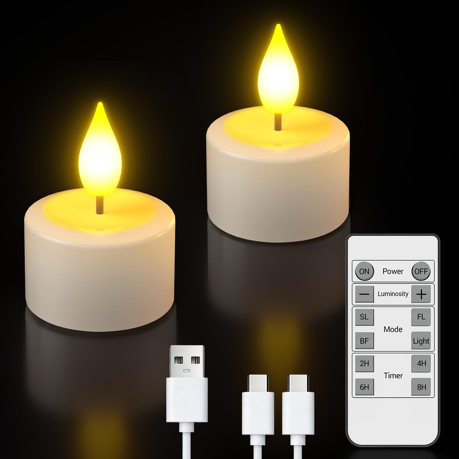PChero 充電式LEDキャンドル タイマー 2個セット USB充電式無炎ledキャンドル 停電 ティーライト 省エネ 雰囲気が良い 屋内屋外飾り クリスマスツリー ハロウィーン 結婚式 誕生日 パーティーホリデー バレンタイン ホテル レストラン リモコン付