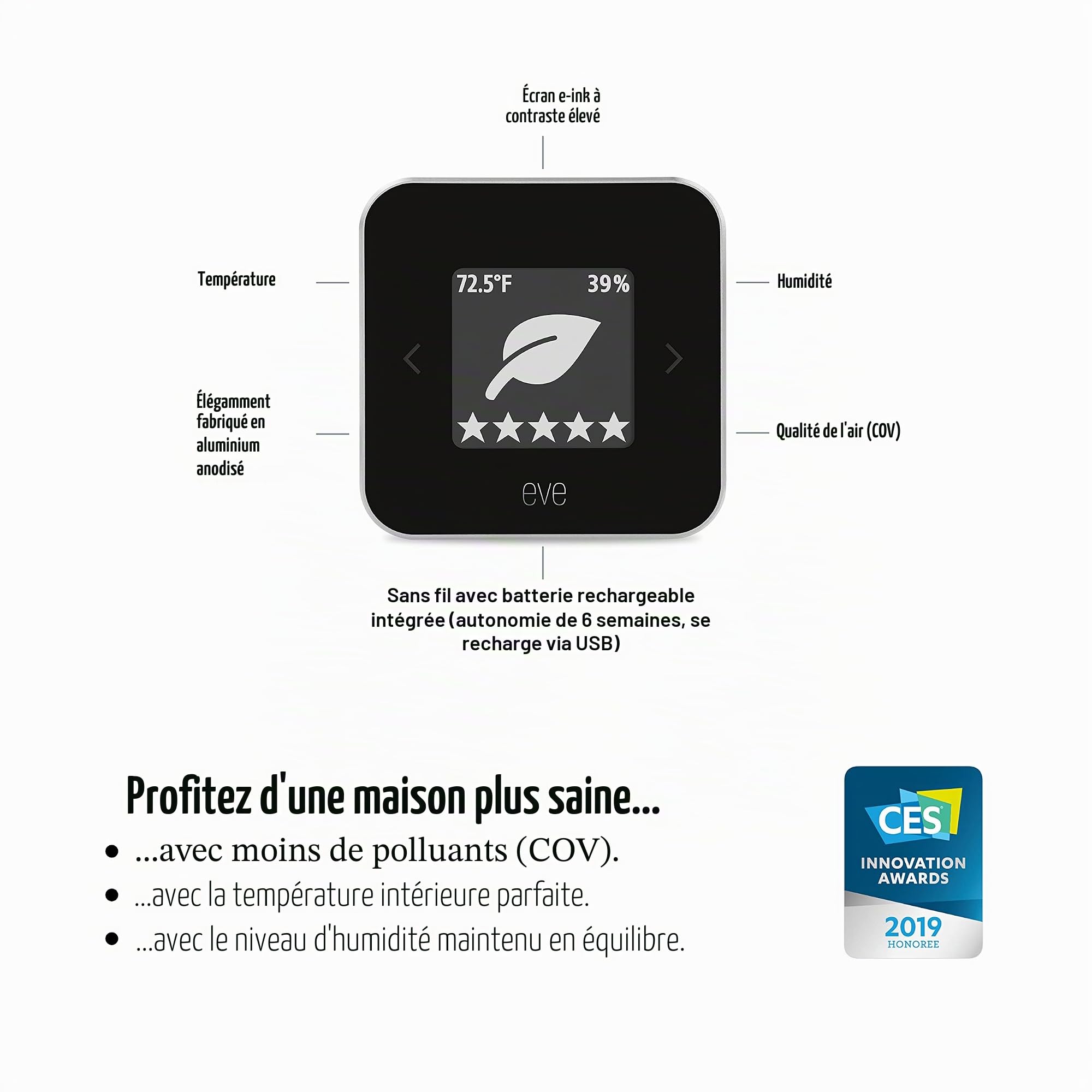 Eve Pièce : capteur de qualité de l'air pour surveiller la qualité de l'air (COV), la température et l'humidité, technologie Apple HomeKit, Bluetooth, filetage