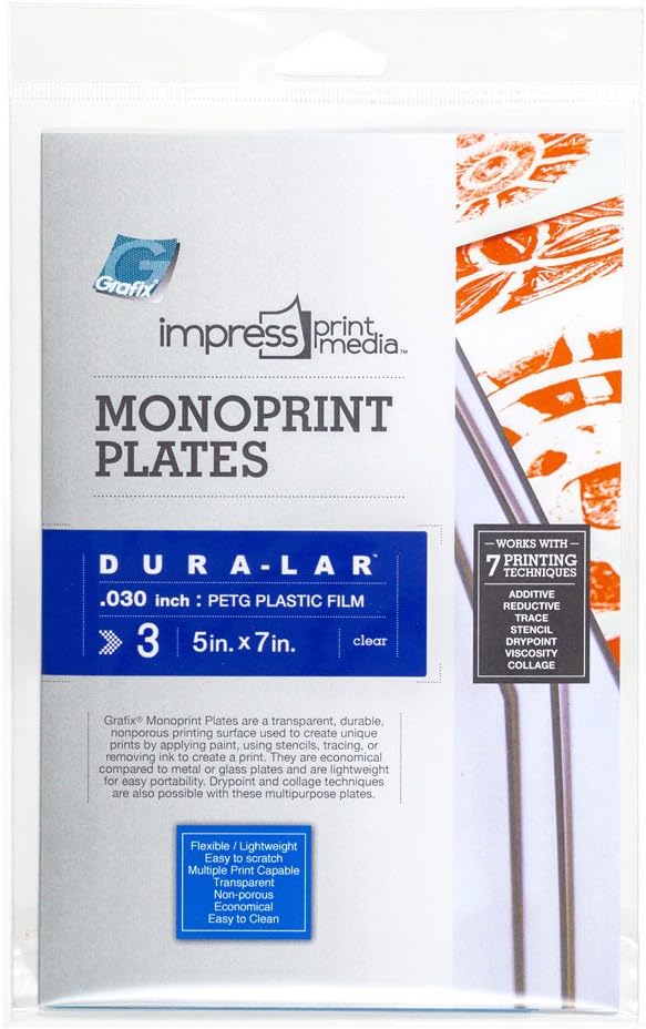 Grafix Impress Print Media Monoprint Plate – 5 x 7”, Pack of 3 – Transparent, Lightweight, Non-porous .030” Dura-Lar Monoprinting Surface, Economical Alternative to Metal or Glass Plates