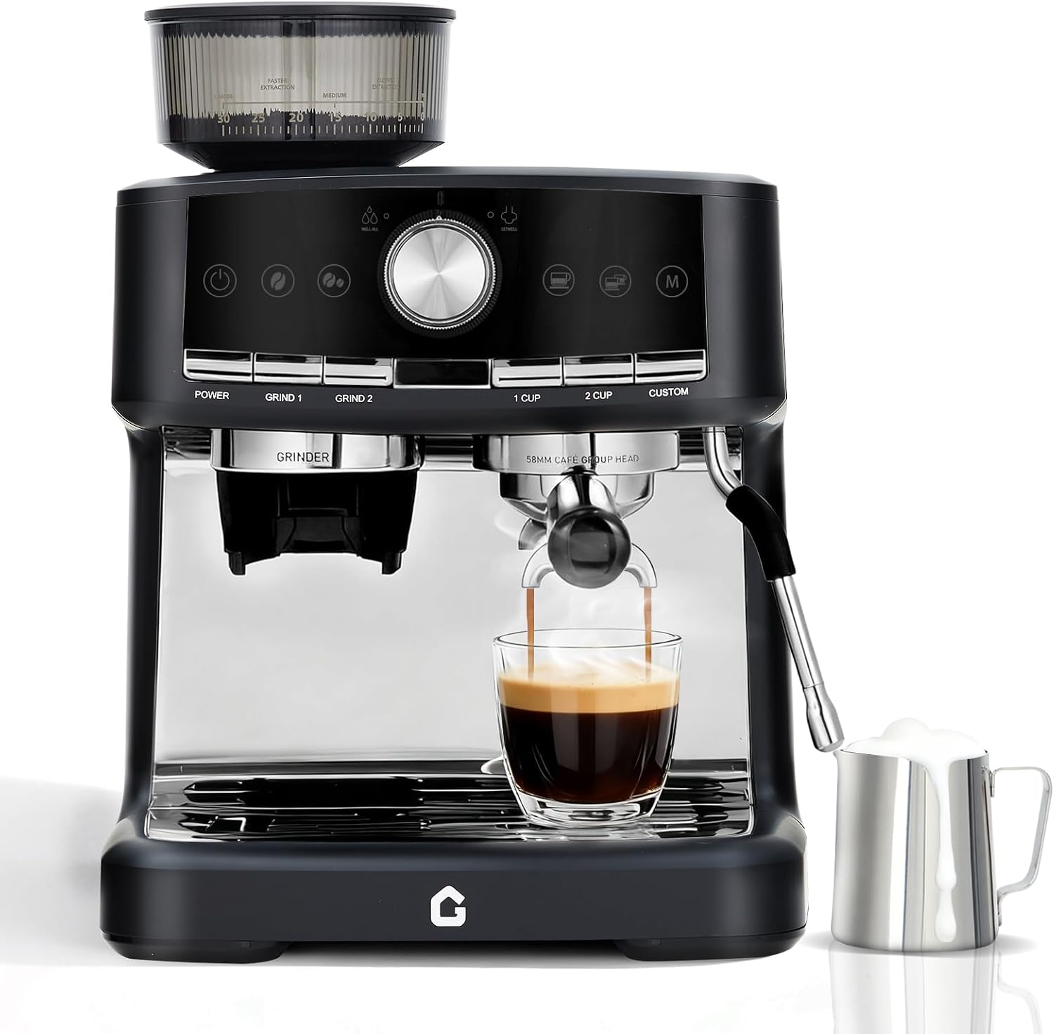 Garvee 20 Bar Pressure Stainless Steel Espresso Machine with Grinder, 1.5L Removable Water Tank, Milk Frother Steam Wand for Latte/Cappuccino - Adjustable Shot Volume, Professional Home/Office Use