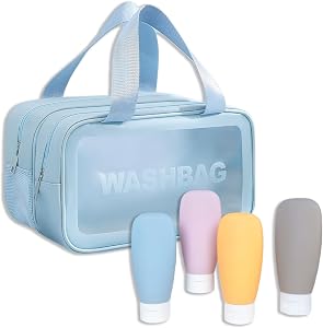 Double Handle Wet/Dry Travel Toiletry Bag with 4 Pcs Travel Size Bottles, Travel Toiletries Bag for Women & Men (Blue)
