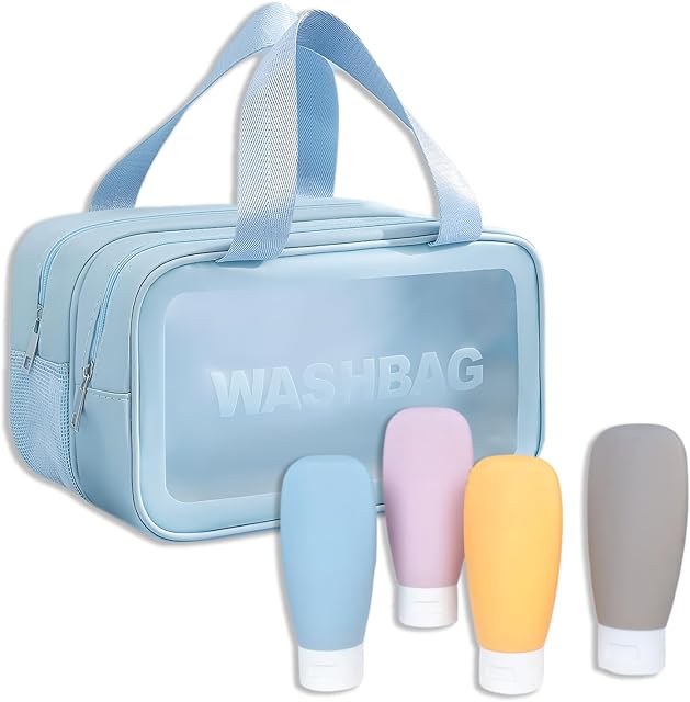 Double Handle Wet/Dry Travel Toiletry Bag with 4 Pcs Travel Size Bottles, Travel Toiletries Bag for Women & Men (Blue)