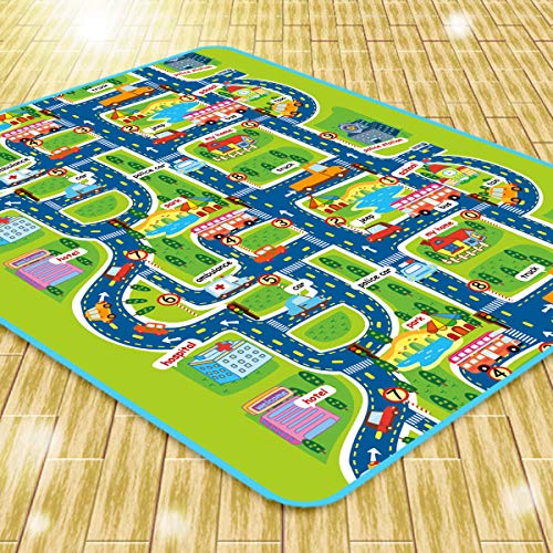 OHMG Tapis de Voiture pour Enfants, Tapis de Jeu pour Enfants, 160×130 cm, Vert, Urbain, Rectangulaire, Doux et Antidérapant