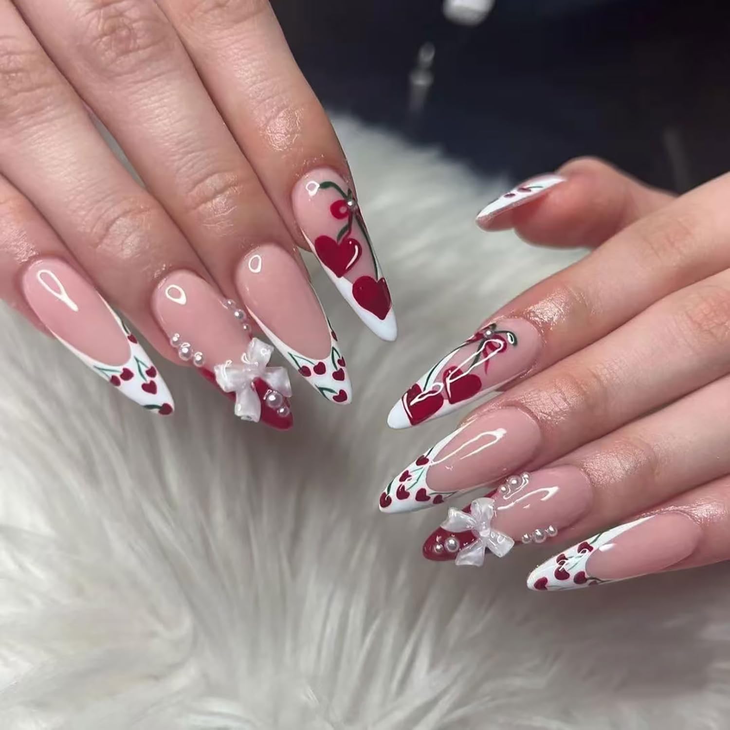 Cherry Love Heart Valentine's Press on Nails Long White Bow Pearl False Nails Holiday Acrylic Nails Valentine's Coffin Nails Full Cover Almond Stick
