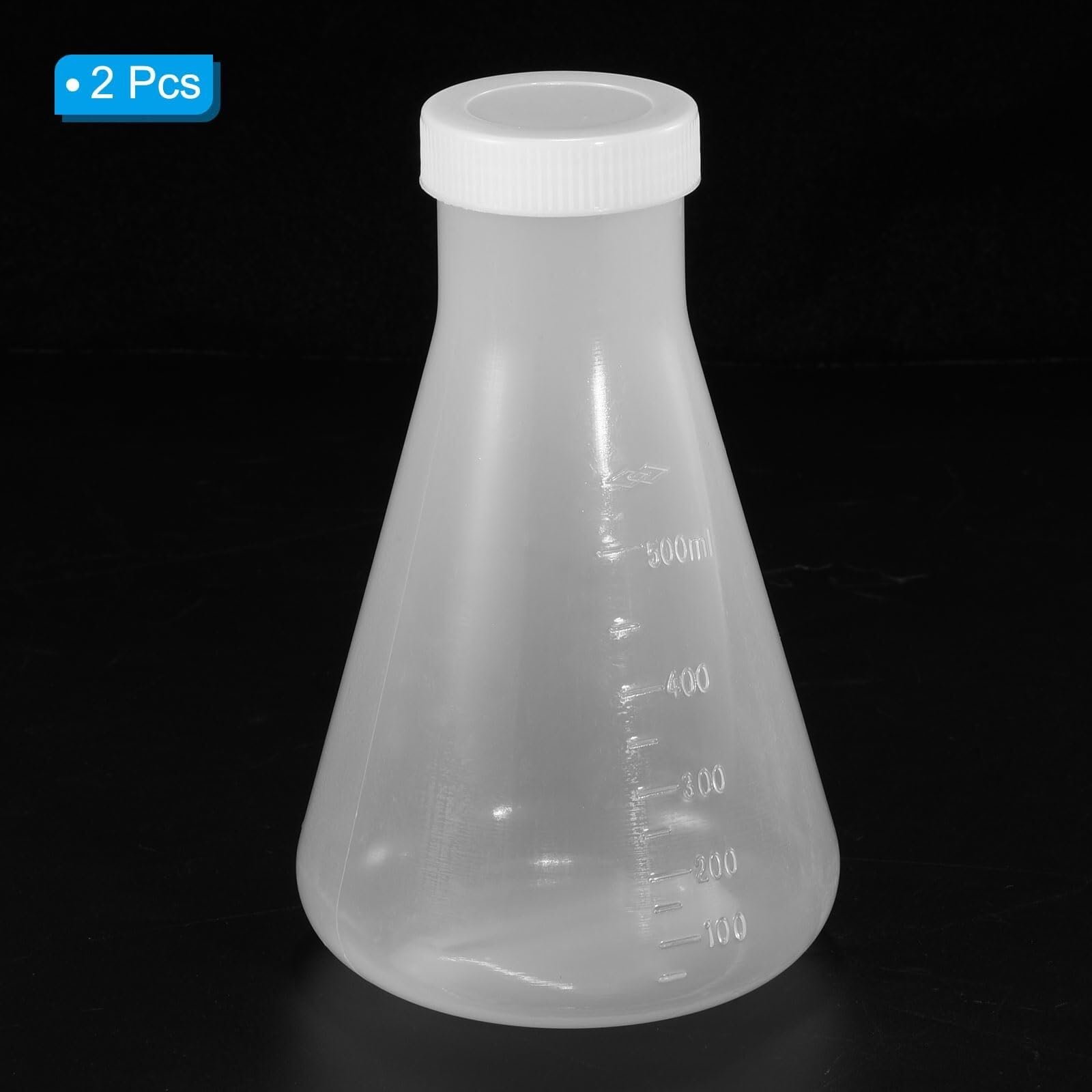Matraz de Erlenmeyer de Plástico 100ml con Tapón de Roscas, Matraz Cónico Duradero para Laboratorio, Pack de 2 Transparente(500ml)