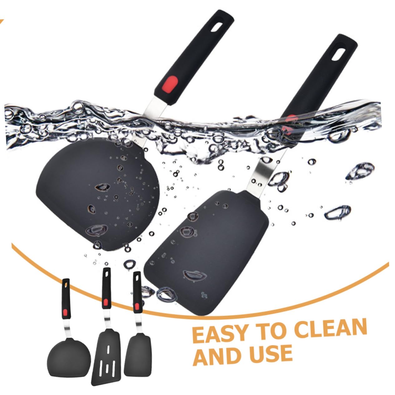 Juego de Espátulas de Silicona 3 Piezas para Cocina Antiadherente | Acero Inoxidable y Silicona, Resistente al Calor, No Raya Recubrimientos, Reutilizable, Negro, para Hogares y Restaurantes