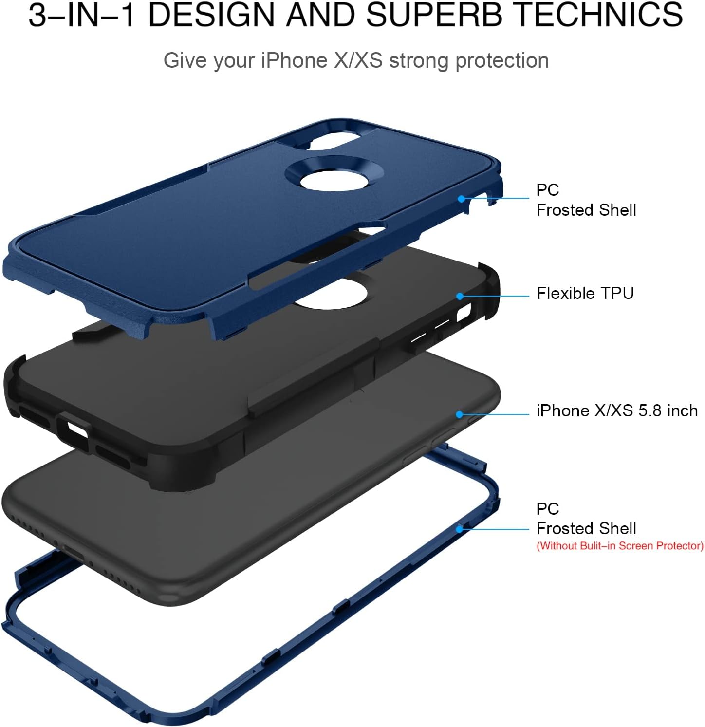 BENTOBEN iPhone X Case, iPhone Xs Case, 3 in 1 Heavy Duty Rugged Hybrid Shockproof Hard PC Soft TPU Bumper Non-Slip Protective Cover for iPhone X (2017) / iPhone Xs (2018) 5.8 Inch, Navy Blue/Black