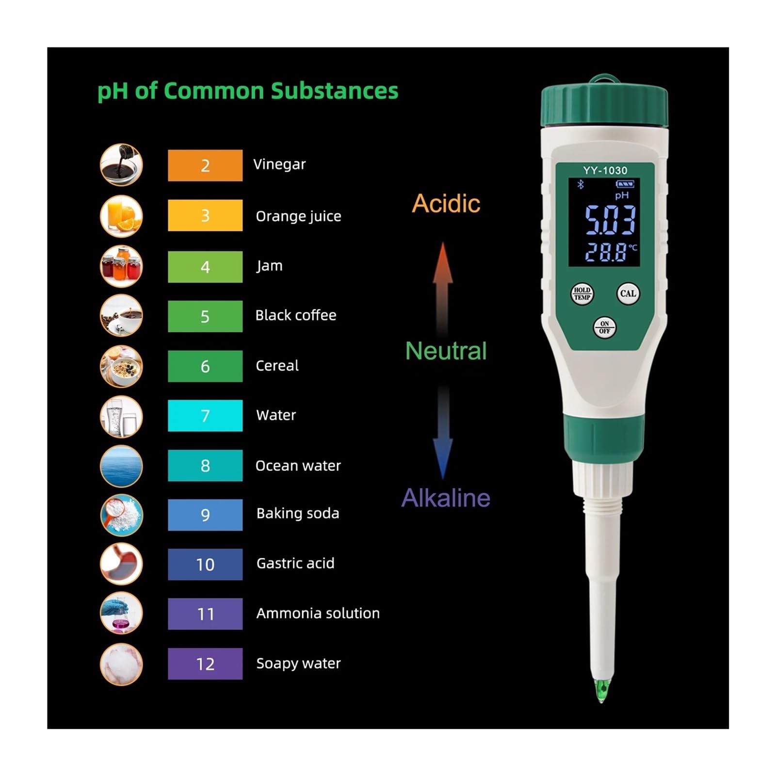 Humidimètre, Testeur de pH Alimentaire numérique Bluetooth 0,00 à 14, capteur Haute précision, testeur d'acidité intellint for Le brassa, froma, la Viande et Mise en Conserve Fruits