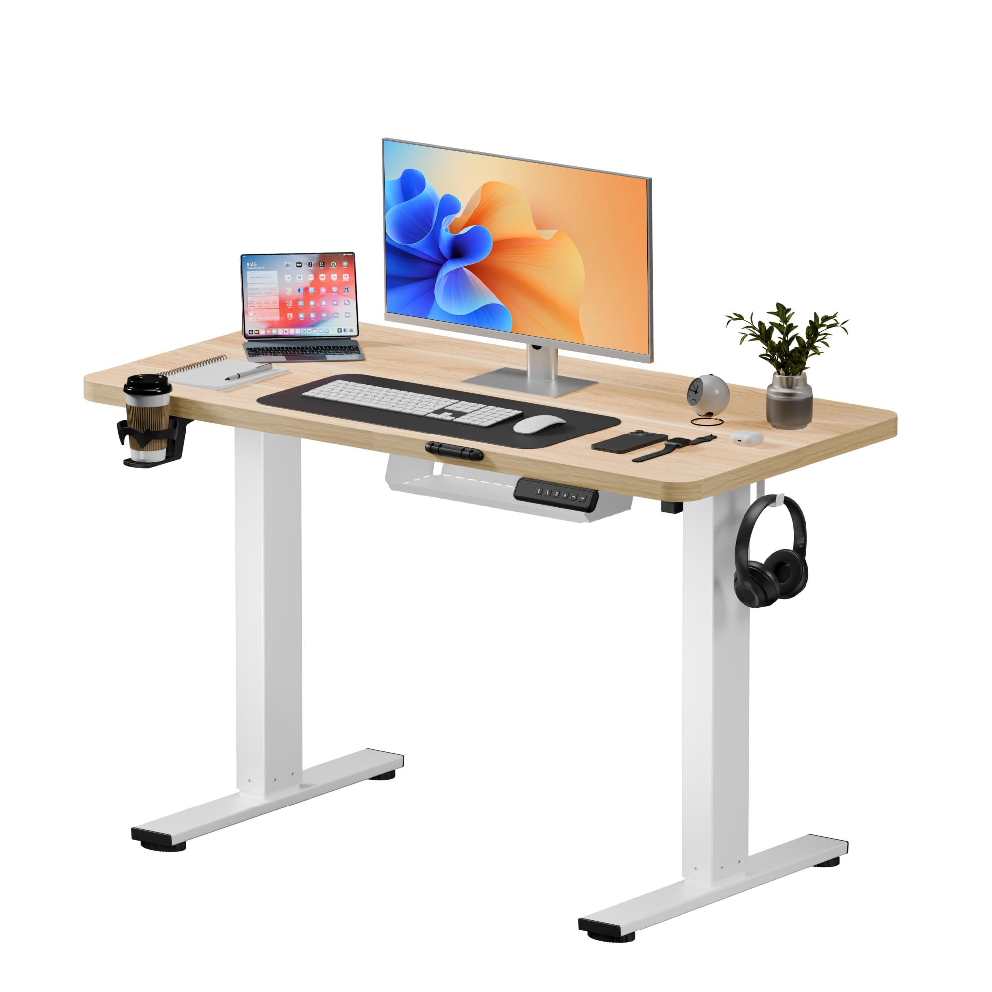 SANODESK Elektrischer Höhenverstellbarer Schreibtisch einfach mit Tischplatte, Memory Funktion und Haken, Schreibtisch Höhenverstellbar Elektrisch für Heimbüro, Homeoffice und Hause