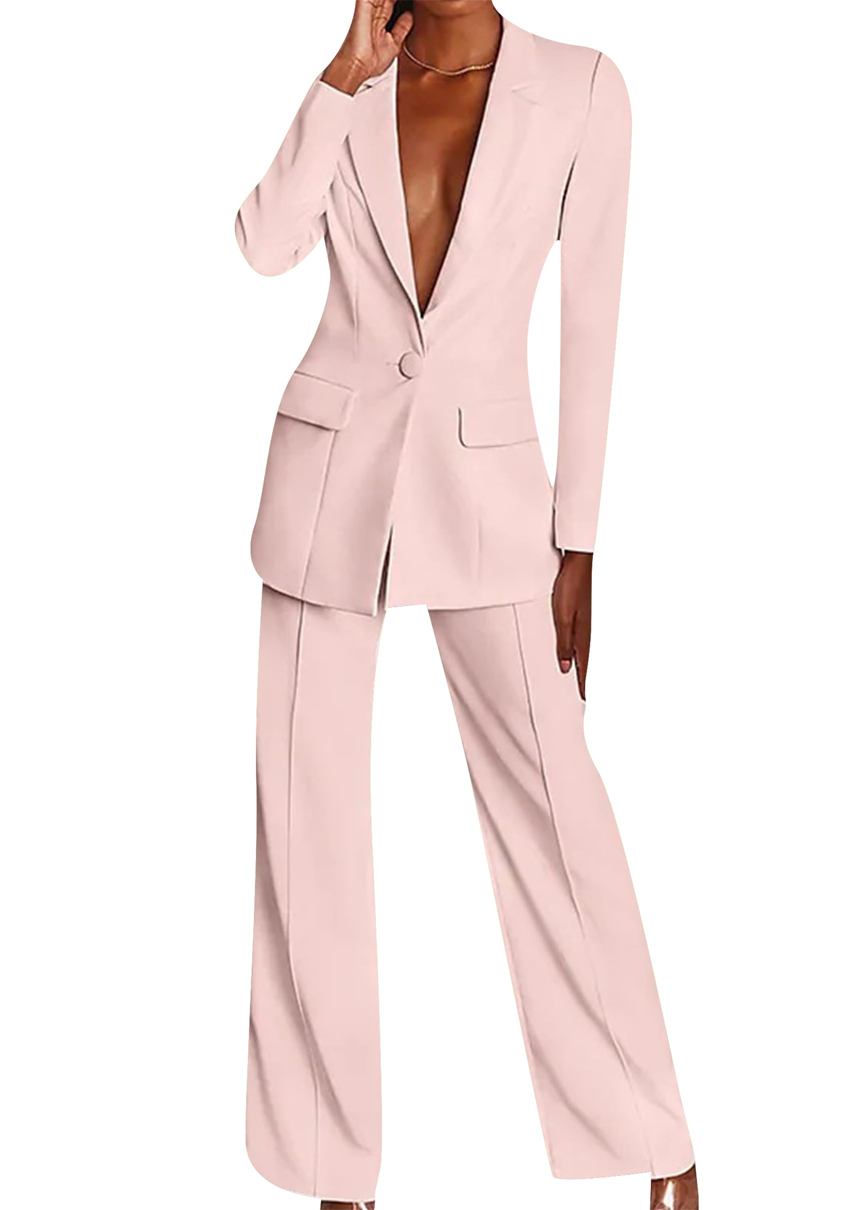 YMING Womens Fall 2 Piece Blazer Set Casual Loose Long Blazer Jackets and Dressy Wide Leg Pant Suits