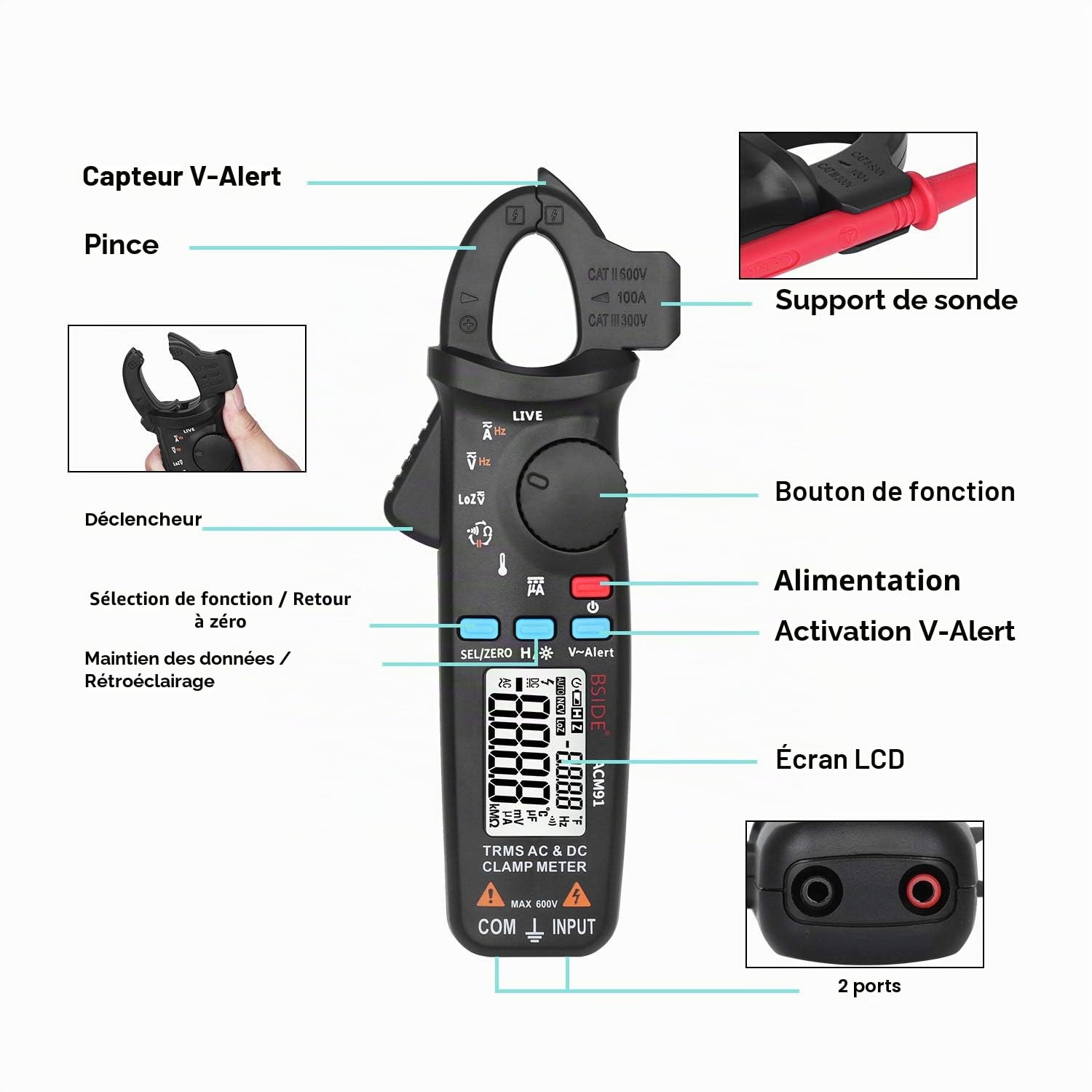 BSIDE ACM91 Pince multimètre 1 mA Courant AC/DC TRMS Auto-Ranging 6000 comptes Multimètre Capacitance Live Check V-Alert Testeur avec clip de poche