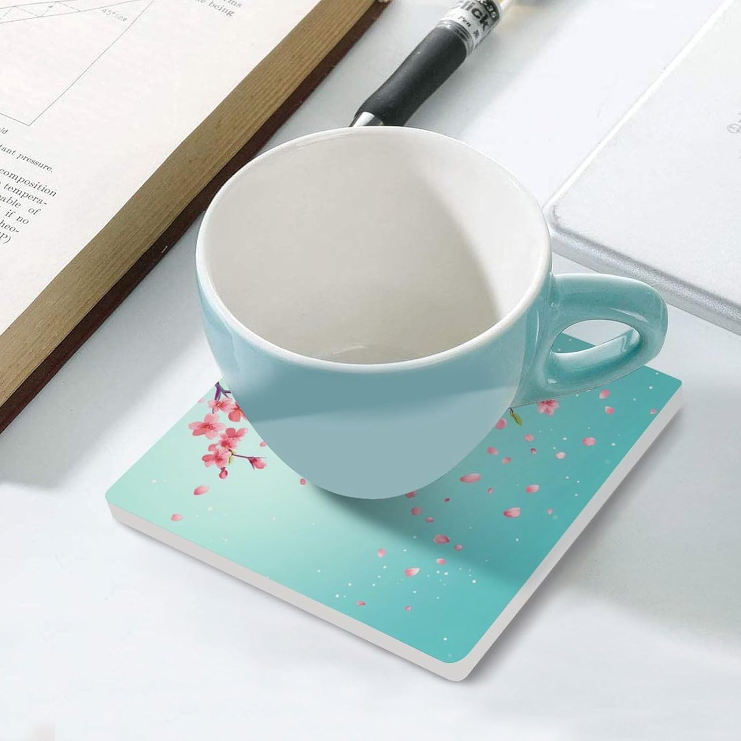 Cherry Flowers Coasters for Drinks Square Table Coasters Set Cup Mats with Cork Base