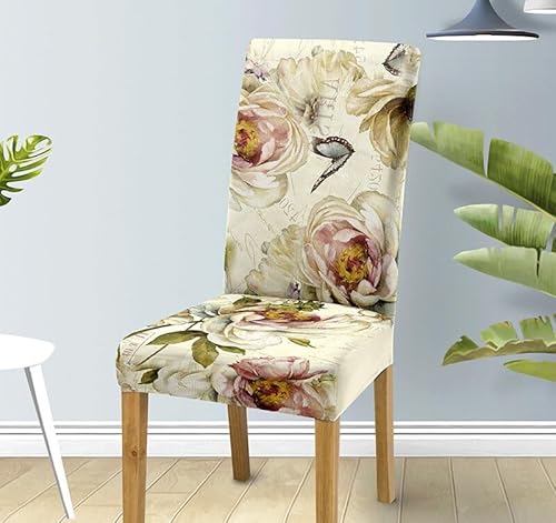 Fundas Sillas de Comedor Flor De Mariposa Beige Funda Silla Elásticas Fundas Sillas Ajustables Fundas para Sillas Extraíbles Funda Sillas Comedor para Comedor Hotel Banquetes Boda(4 Piezas)