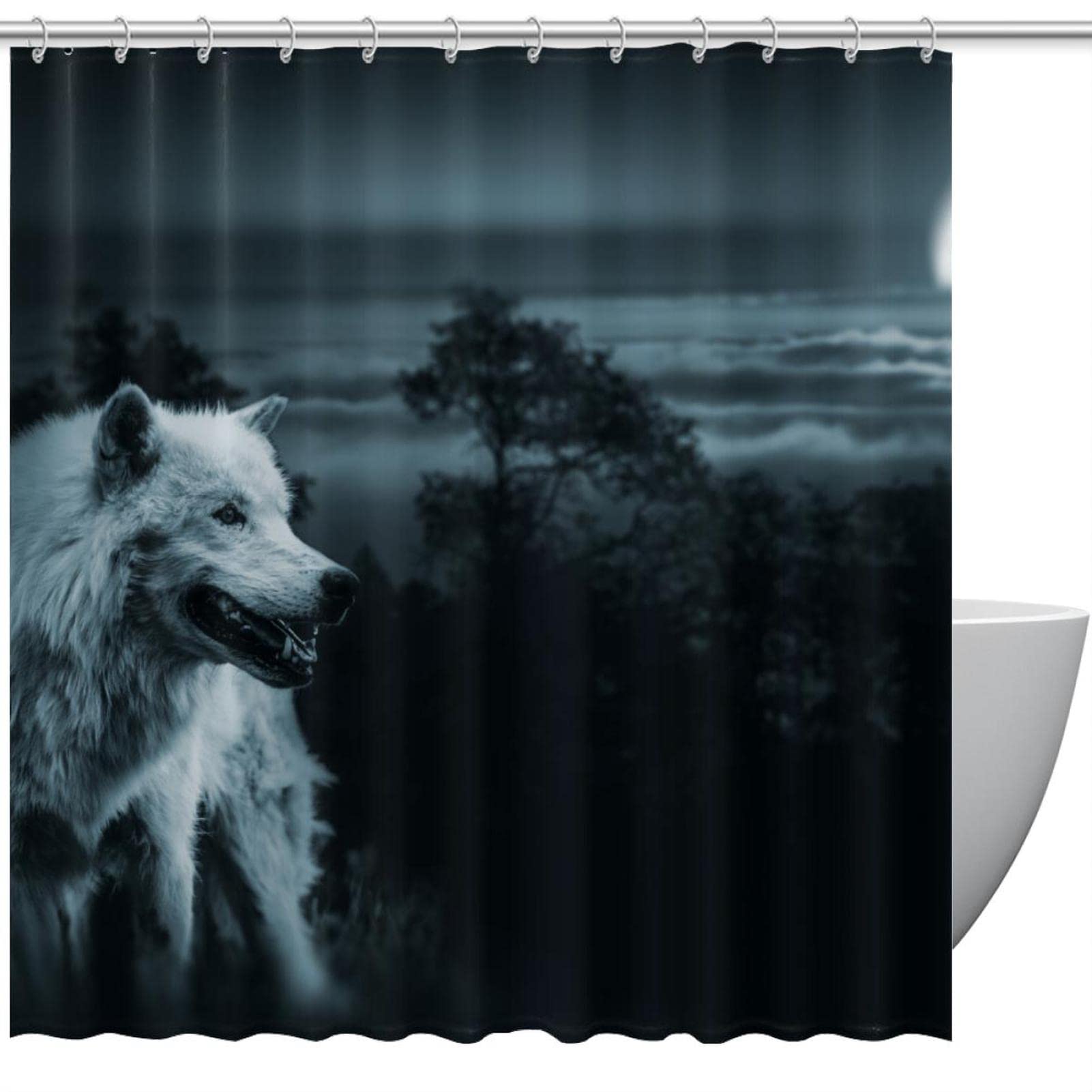 Rideau de douche loup blanc avec crochets aux finitions soignées