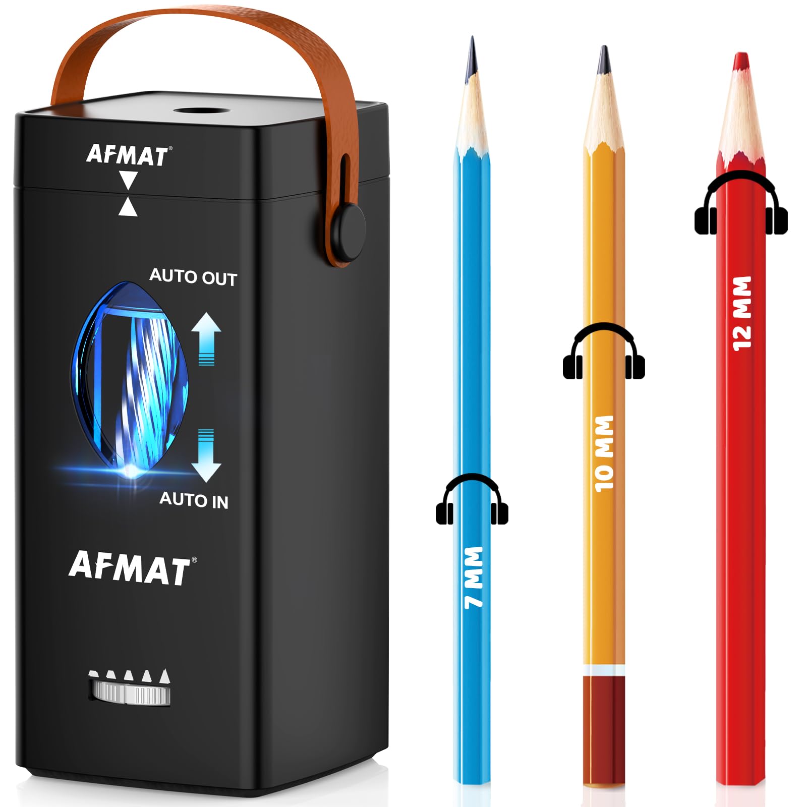 AFMAT Temperamatite Elettrico con Maniglia di Trasporto,Temperino Automatico per Matite Spesse 6,5-12 mm, Pulsante Regolabile,Batteria 2500 mAh, Temperino Portatile per Scuola,Lavoro,Ufficio,Nero PSC7