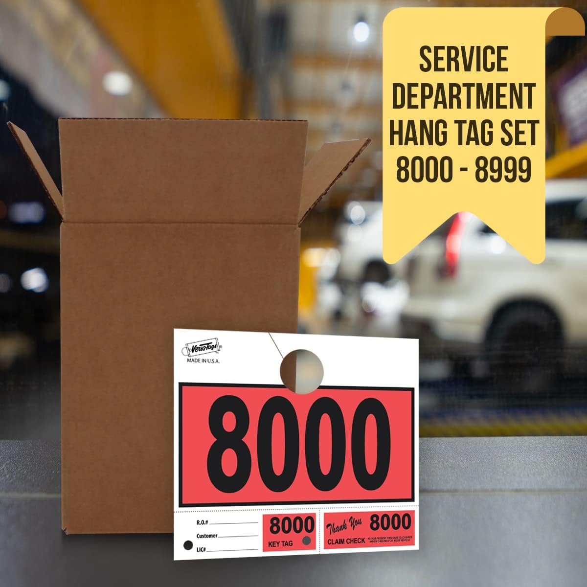 Versa-Tags 1000 Red Car Dealer Service Hang Tags Service Dispatch Numbers, Service Department Numbered Key Tags for Mechanic Repair Shop 3 Part Key Ring - Red (8000-8999)