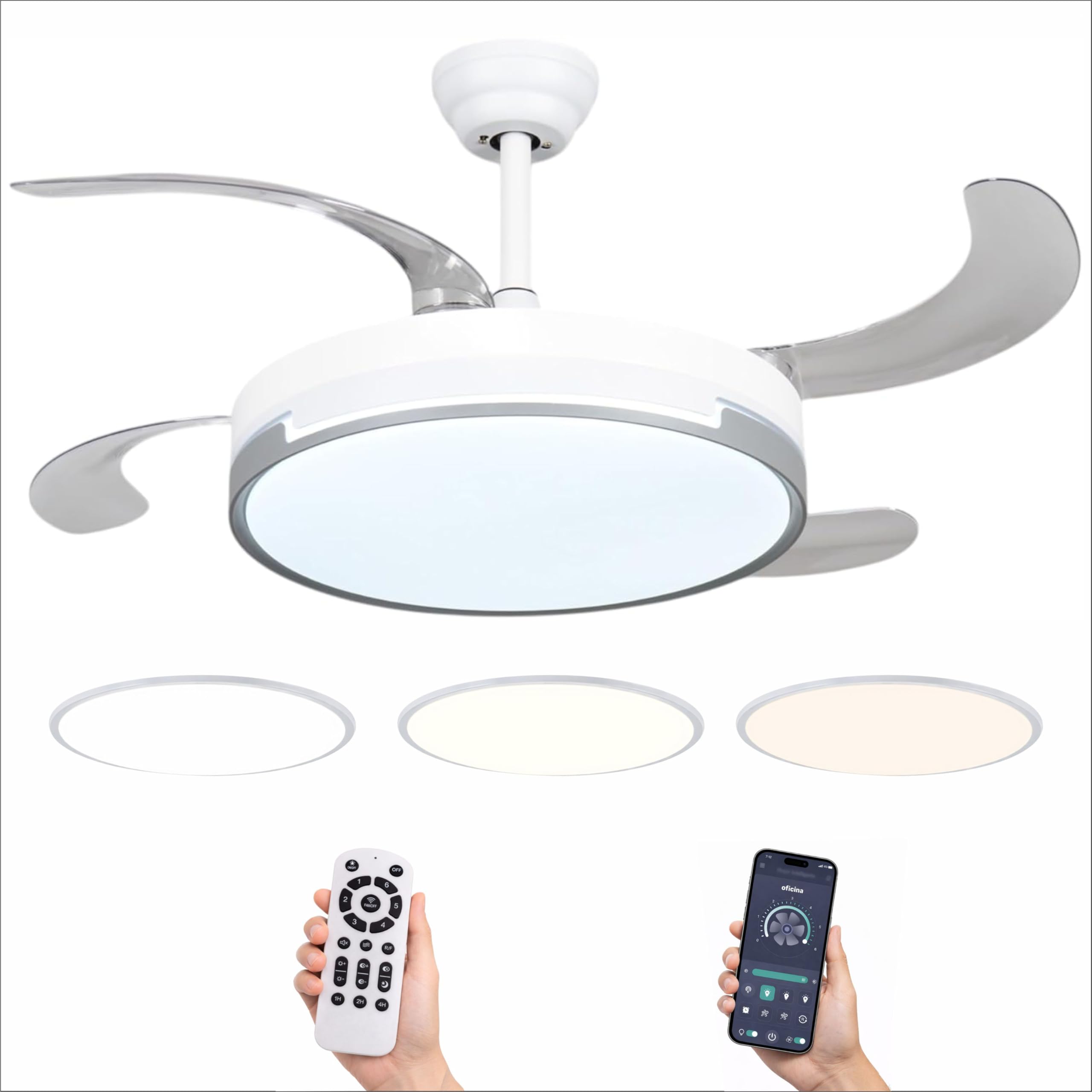 Genérico Ventilador de Techo LED 72W, Regulable en Intensidad y en Tono de Luz de Fría a Cálida, 4 Aspas Retráctiles, Mando a Distancia y APP para Móvil, Motor DC Ultra Silencioso, 6 Velocidades