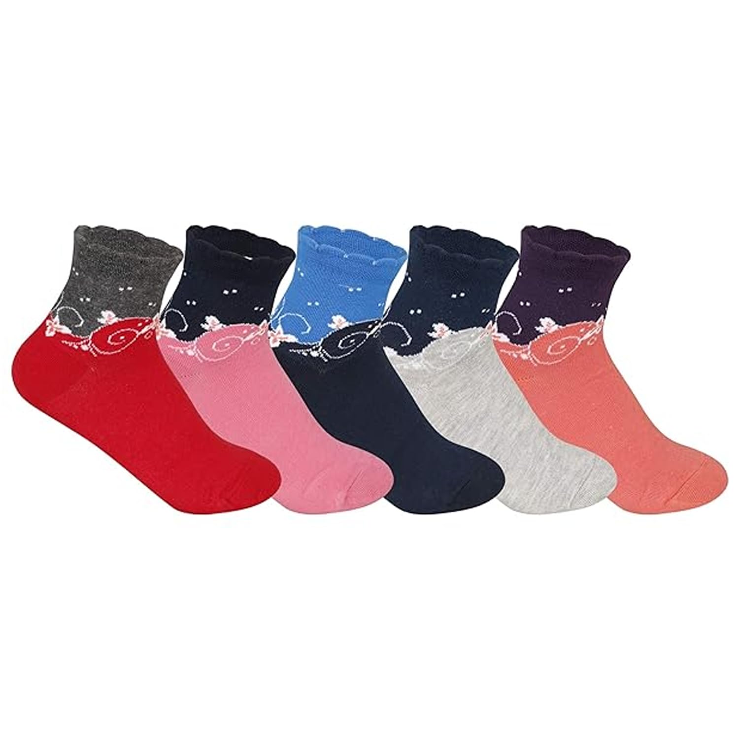 Women's Compact Combed Cotton Ankle Length Design Socks (Multicolour, Free Size) - Pack of 5
