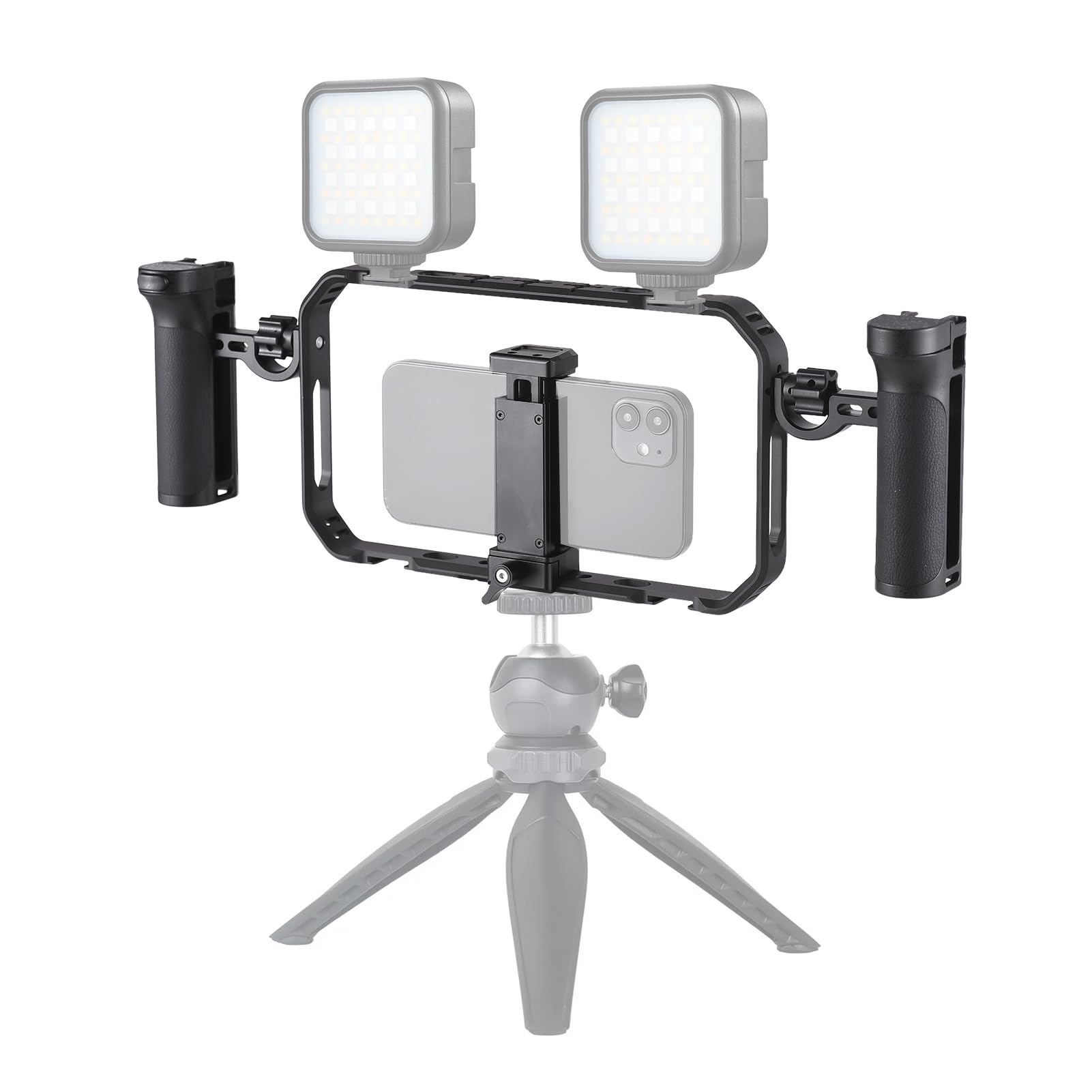 Andoer Kit portatile per telefono video Rig, stabilizzatore per smartphone per registrazione video, gabbia universale per telefono con maniglie laterali, supporto Cold Shoe, scatto remoto per Phone
