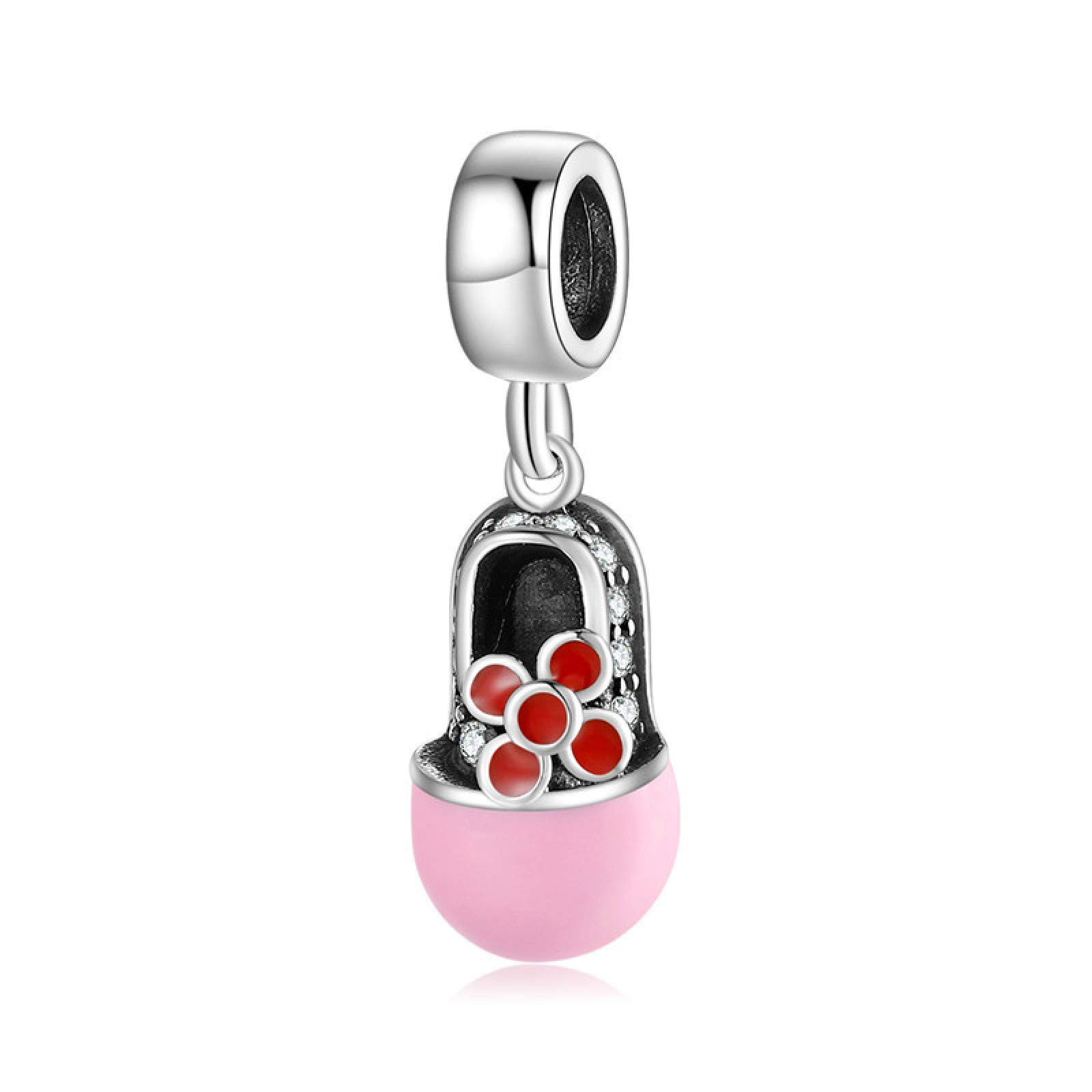 LYGBAOFUL 925 Sterling Silber Anhänger Perlen Mädchen Schuhe Rote Blumen Perlen Passend für Charm-Armbänder Feine Schmuckherstellung
