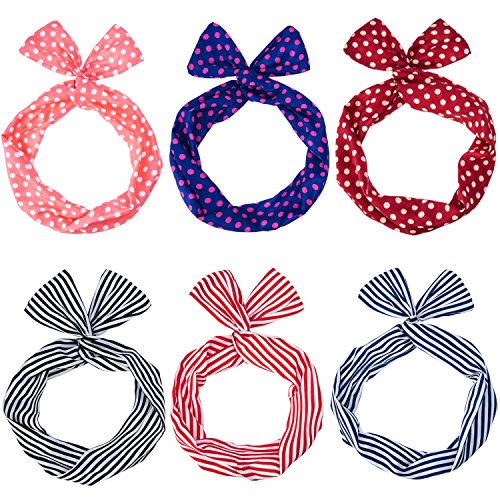 eBoot 6 Pieces Twist Bow Wire Headband Retro Bowknot Polka Dot Stripe Wire Hair Holders for Women and Girls, Multicolor