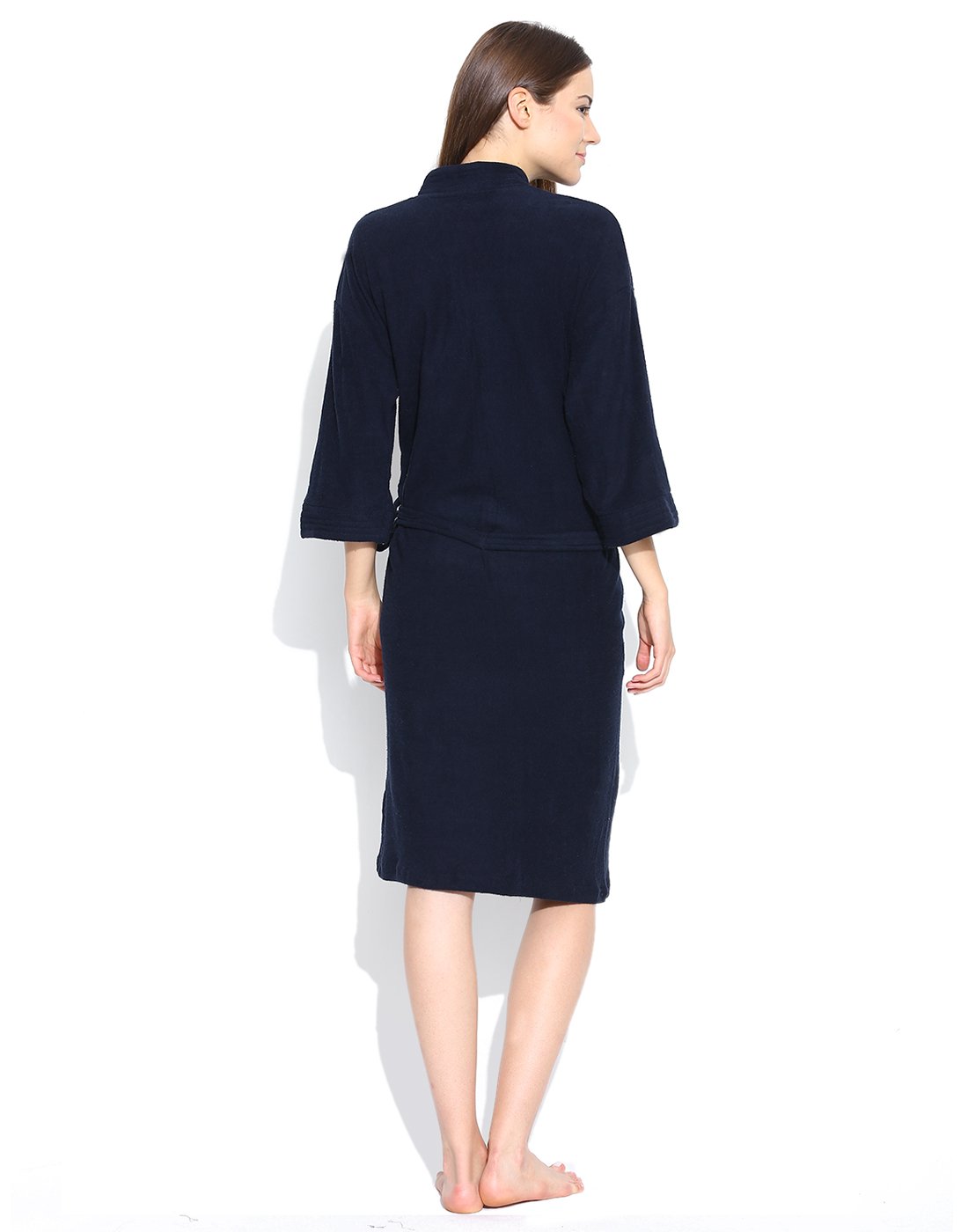 SAND DUNE Men's and Women's Terry Cotton Full Sleeve Knee Length with Pocket and Waist Belt Plain Bathrobe Gown (Navy Blue, Large) 2
