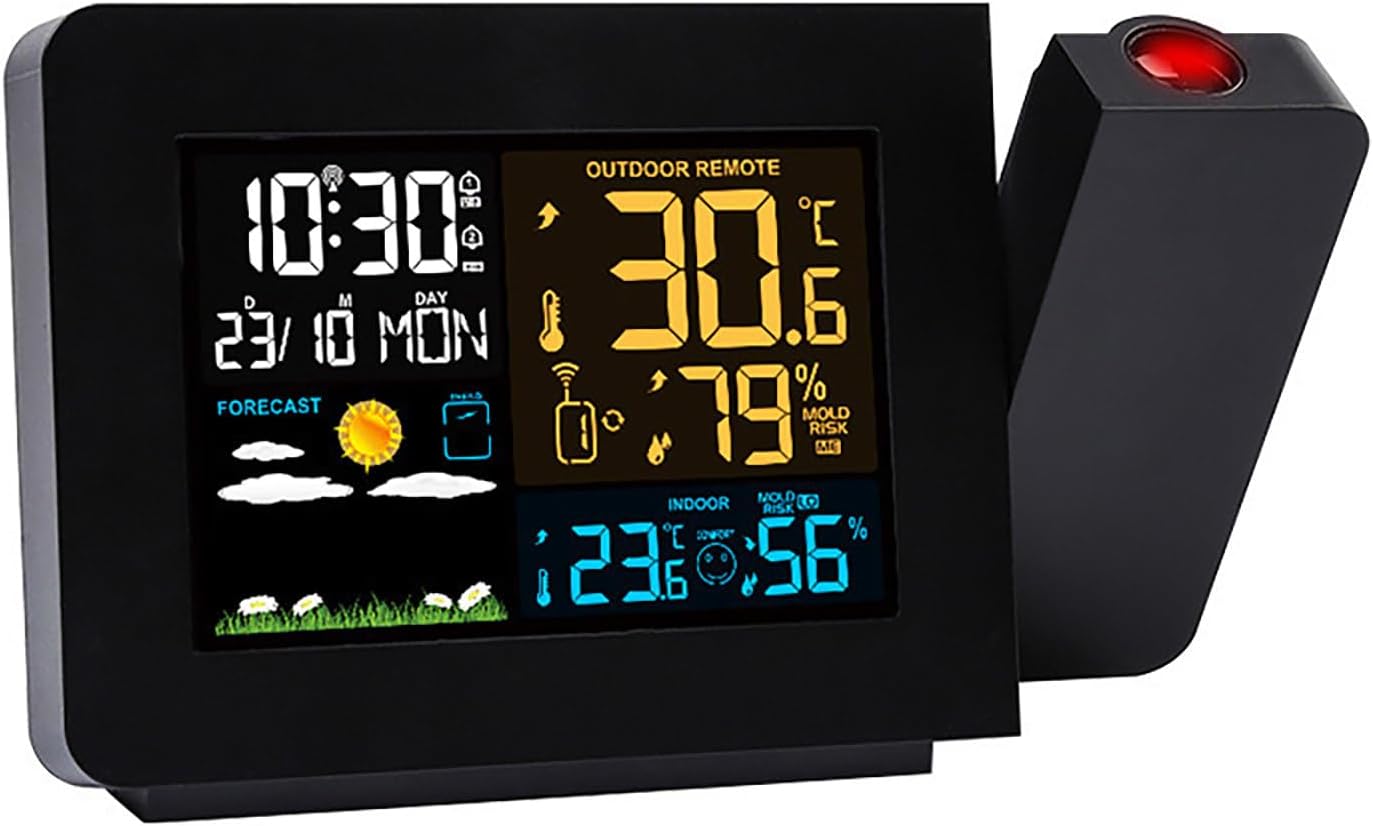 Projection Alarm Clock, Projector Radio Control Clock for Bedroom Ceiling with Weather Station, Snooze, Outdoor Wireless Temperature Humidity Sensor, Dual Alarms, 180° Rotatable
