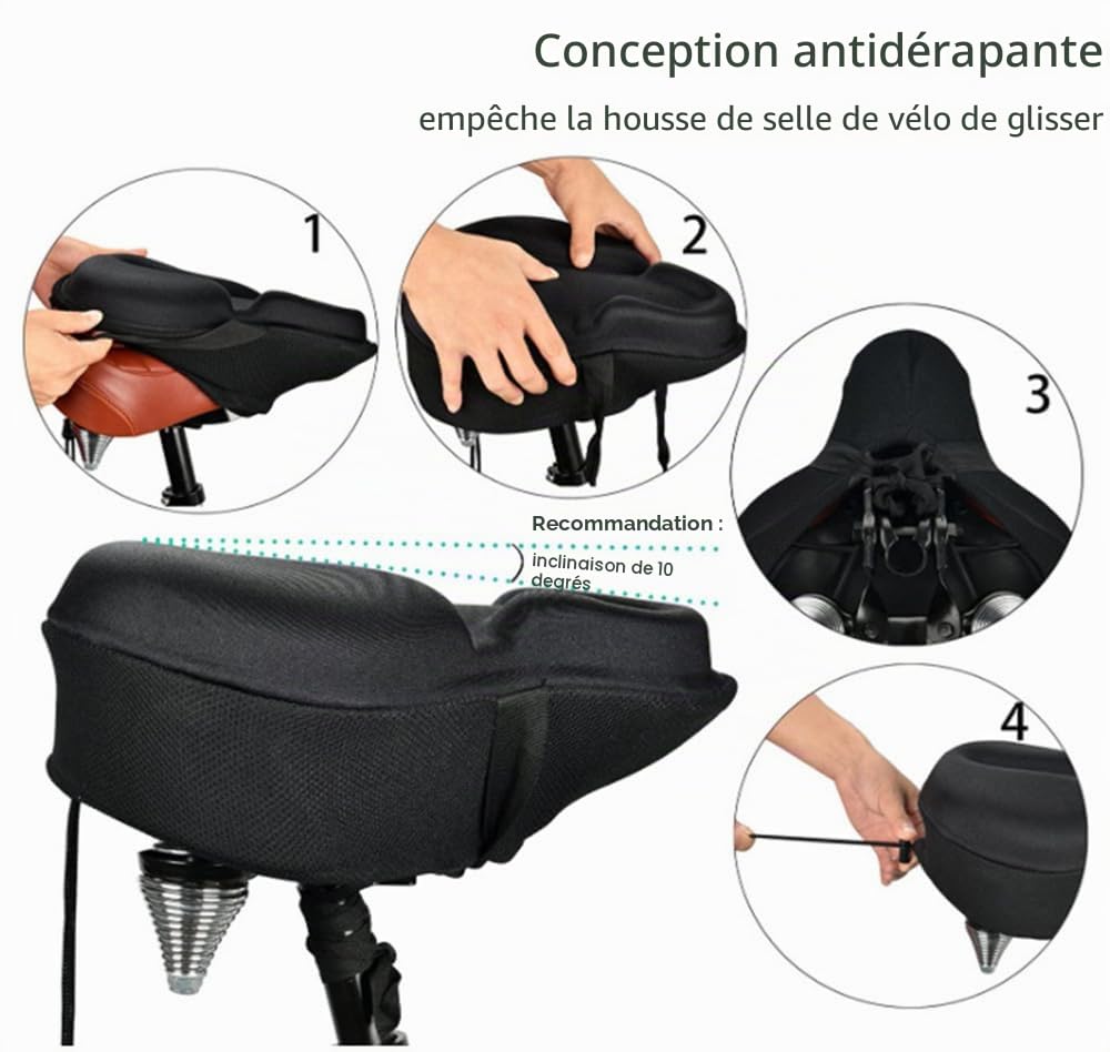 Housse de Selle en Gel pour Siège de Vélo, Vélo Gel Housse de siège Coussin de Siège de Vélo d'exercice Grande Taille Confortable, Parfait pour Hommes Femmes - Noir