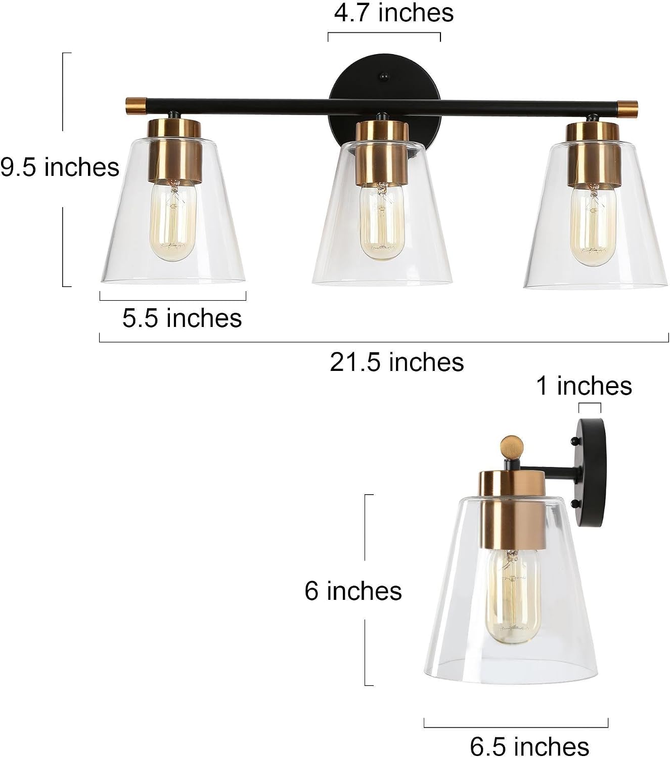 Black and Gold Bathroom Light Fixtures, 3-Light Brass Vanity Light with Clear Glass Shade, Mid-Century Modern Vanity Lighting Over Mirror