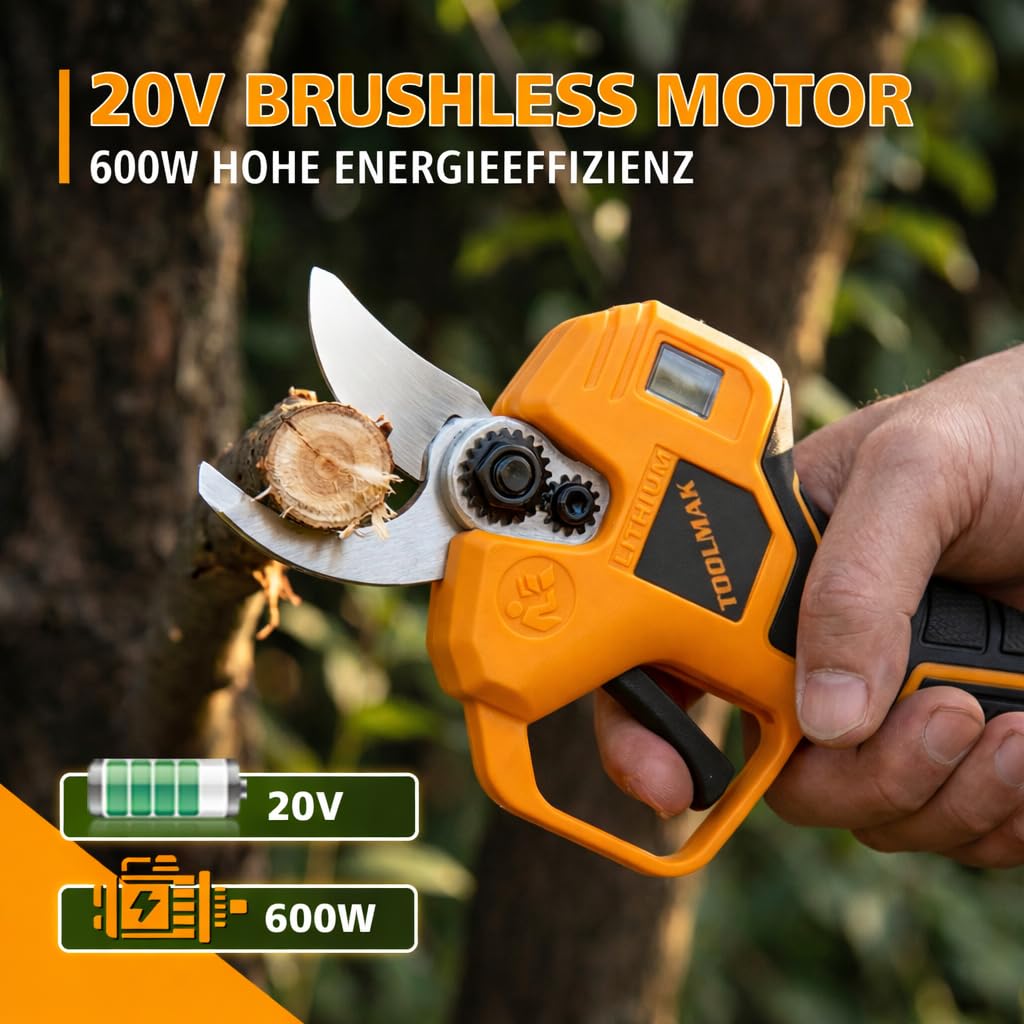 TOOLMAK Cesoia a Batteria da Potatura 20V Brushless Motore, Taglio 25 mm | Forbici Elettrica da Giardino Professionali per Vigneto, Batteria al Litio, Alberi da Frutto e Siepi （1 Batteria）