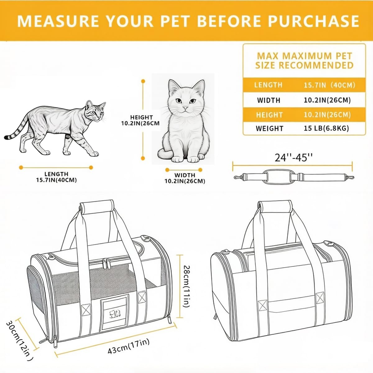 Cat Carrier Pet Dog Carrier Airline Approved for Puppy Kitten Carriers Under 15lb, Collapsible Soft Sided TSA Approved Travel Carrier-Grey - image 2