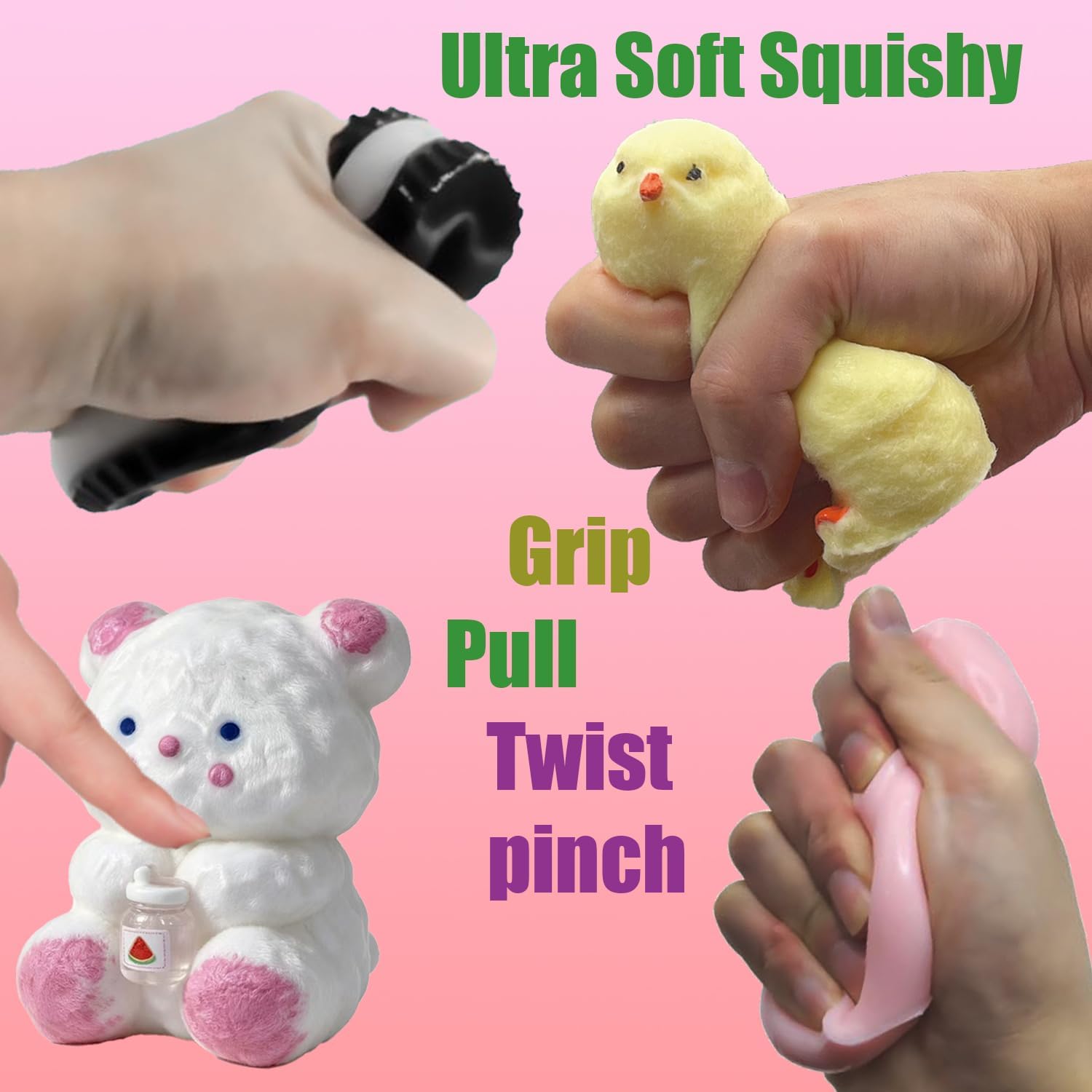 Squishy Toys Set Storage Box - Kawaii Cute Mochi Taba Squishies Slow Rising, Stress Relief Fidget Pack Kids Adults, Includes Orange Cat, Chicken, Paw, Milk Bear Squeeze Toys Set
