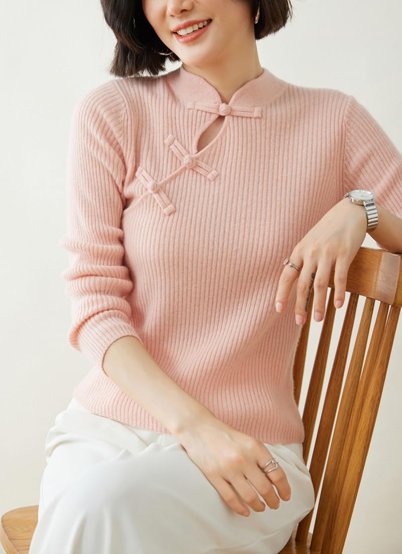 DISSA YD24162 - Maglione da donna in cashmere con colletto alto, a maniche lunghe, a righe, sottile