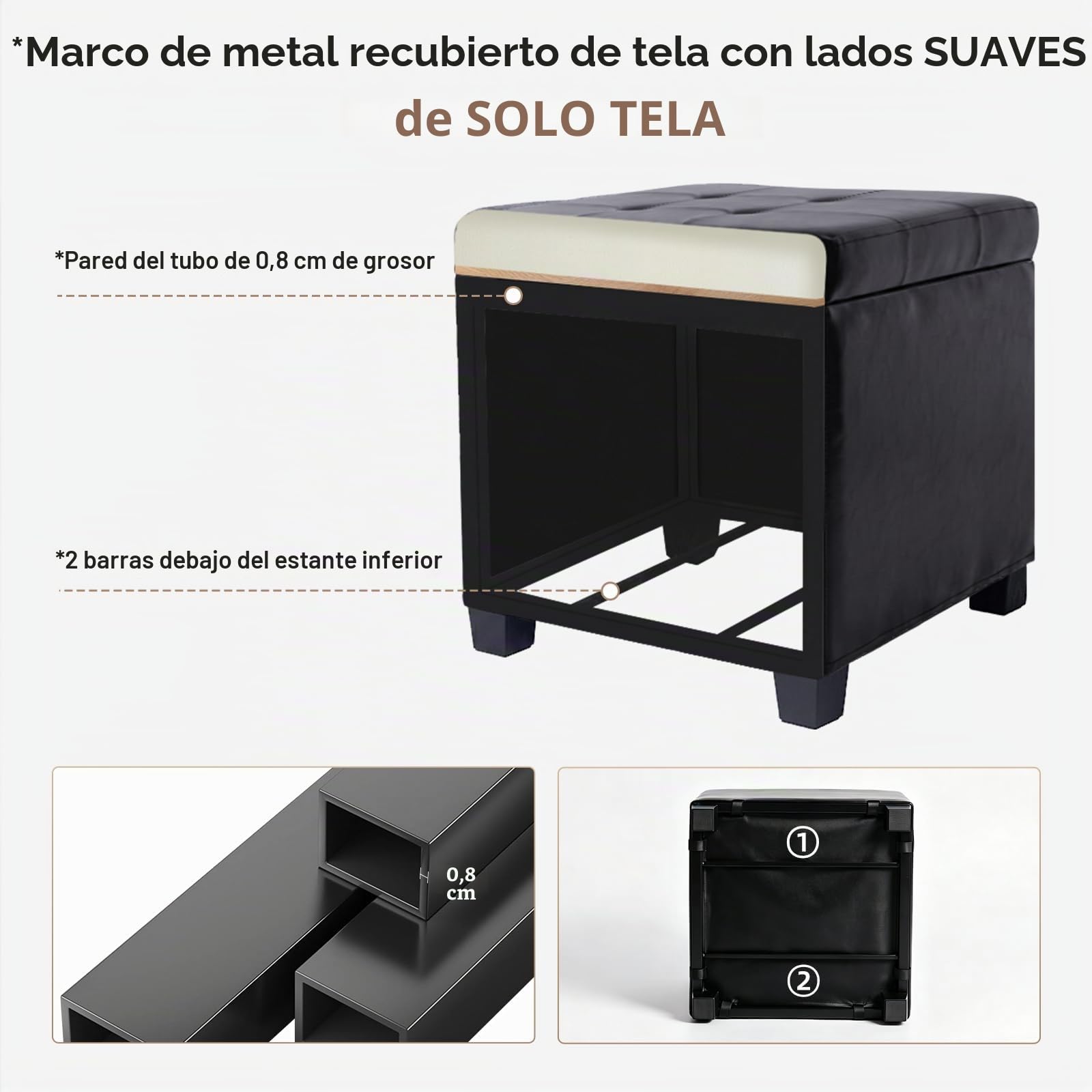 ABHENG Puff Cuadrado Taburete almacenaje Estructura de Acero con Revestimiento de Cuero sintético,Soporta 350 kg,48 litros de Capacidad,Reposapiés con Tapa y Extraíble Patas Negro ASND63B
