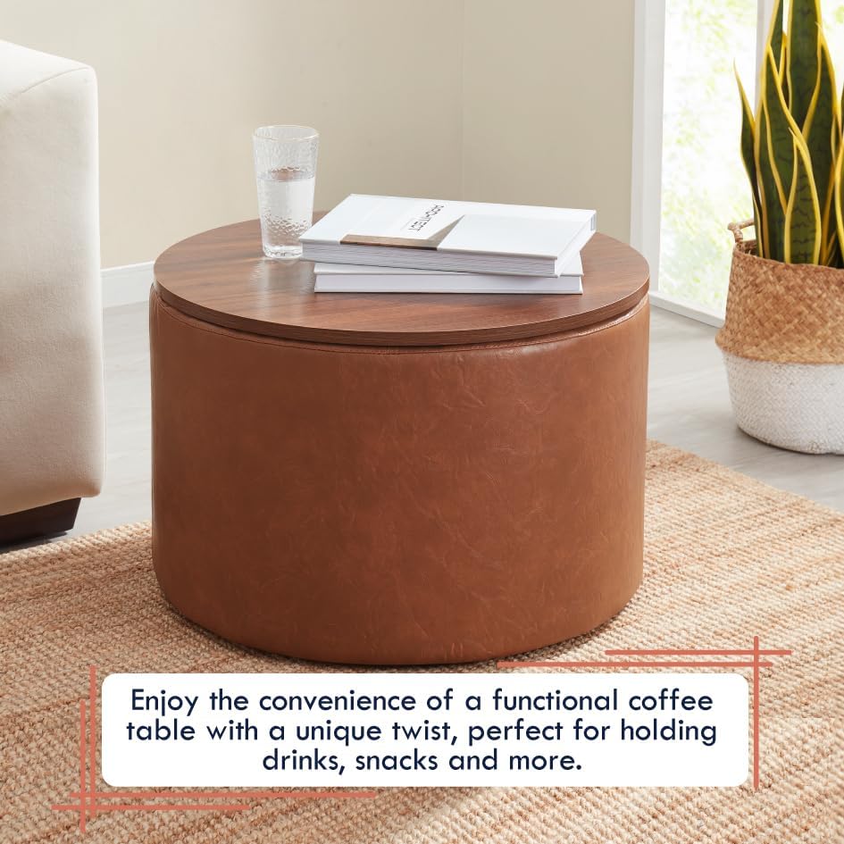 Ornavo Home 22 inch Large Round Ottoman Coffee Table Storage Ottoman with Wooden Lift Off Lid, Ottoman with Storage for Living Room, Bedroom and Office, Faux Leather Mocha