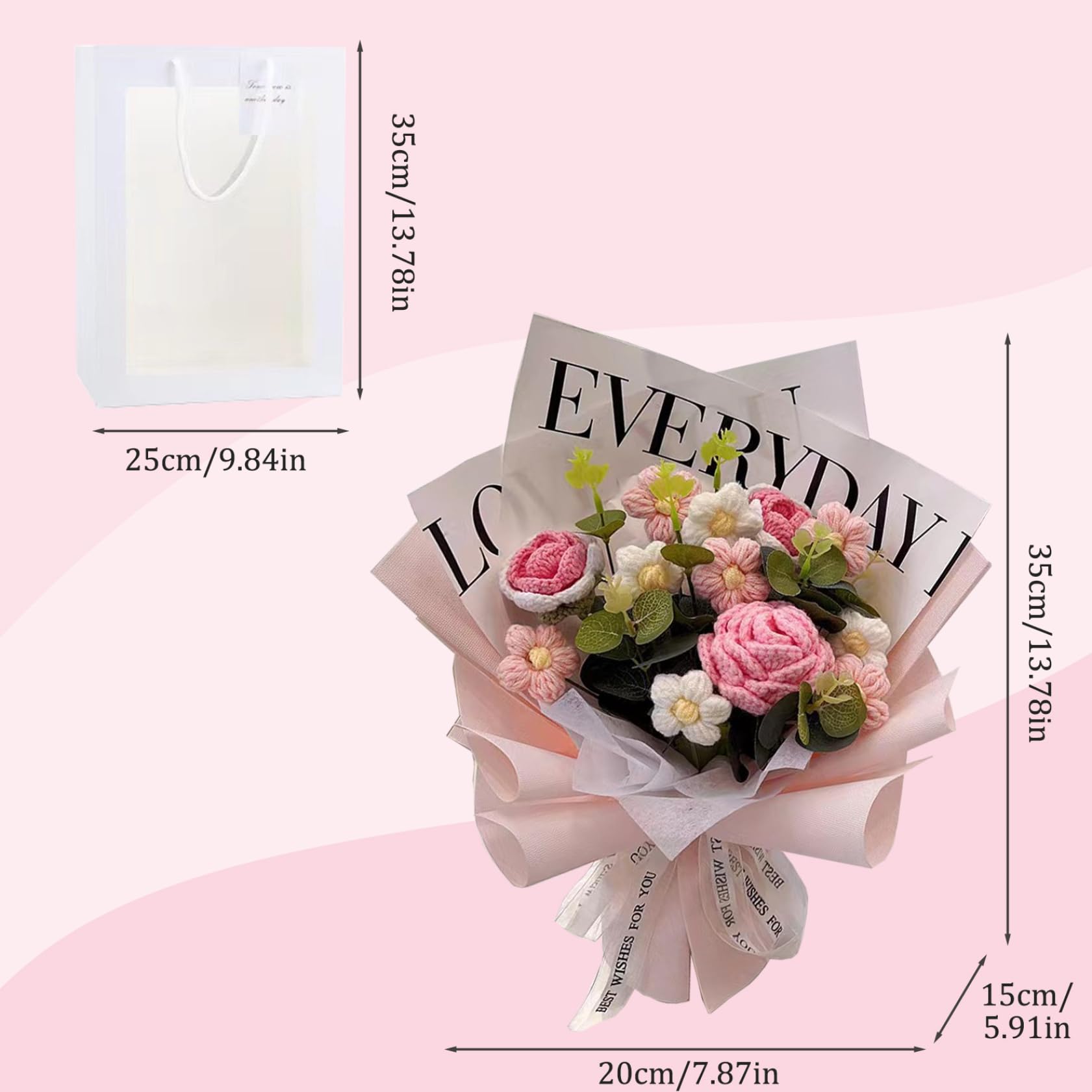 Bouquet de Fleurs au Crochet, Fleurs tricotées réalistes avec Sac pour Fête des Mères, Saint-Valentin