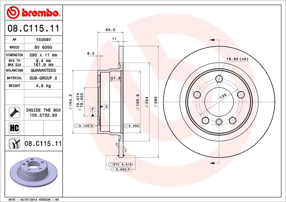 Brembo 08.C115.11 - Disco Freno con Verniciatura UV (Set di 2) - Posteriore