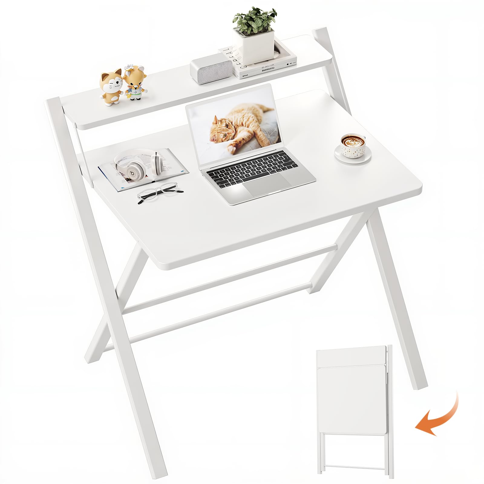 GreenForest Foldable Desk No Assembly Required,Small Desk with Monitor Shelf,Computer Desk for Small Space,White
