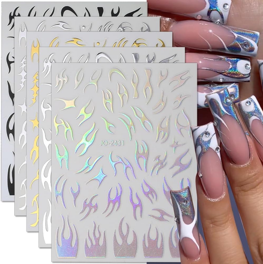 8 hojas de calcomanías de arte de uñas con llama irregular, plateado metálico, negro, blanco, oro, calcomanías autoadhesivas Y2k para diseño de uñas