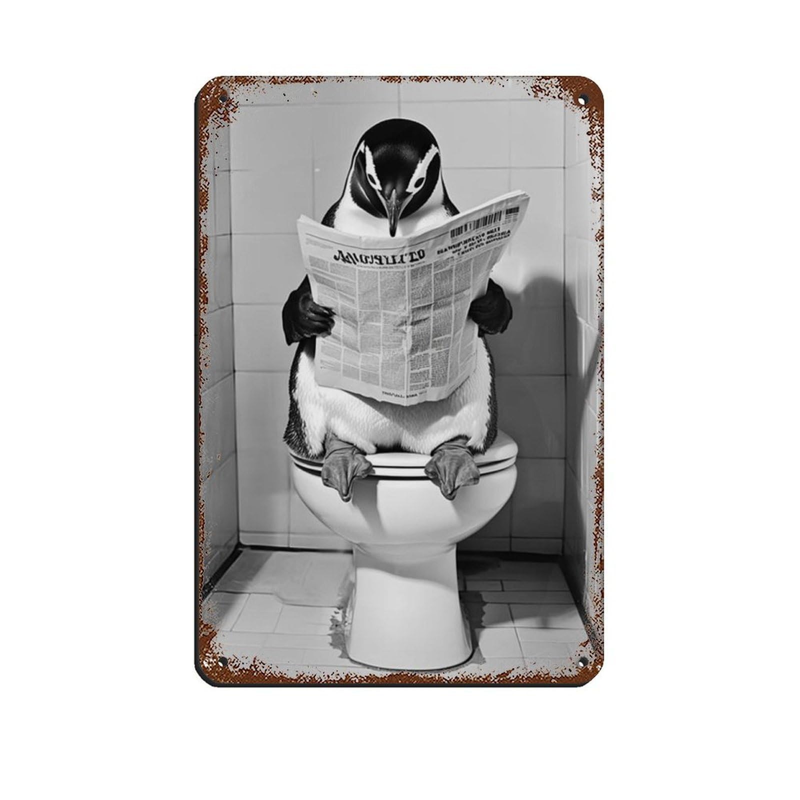 Penguin Sitting on The Toilet Reading Newspaper Tin Sign Vintage Metal Pub Club Cafe Bar Home Wall Art Decoration Poster Retro 8x12inch(20x30cm)